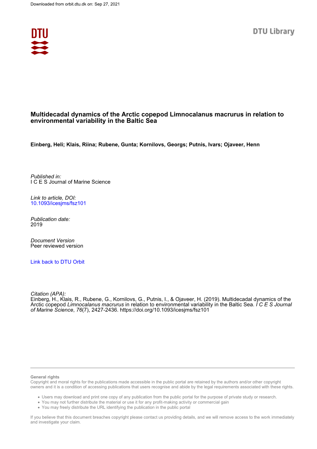 Multidecadal Dynamics of the Arctic Copepod Limnocalanus Macrurus in Relation to Environmental Variability in the Baltic Sea