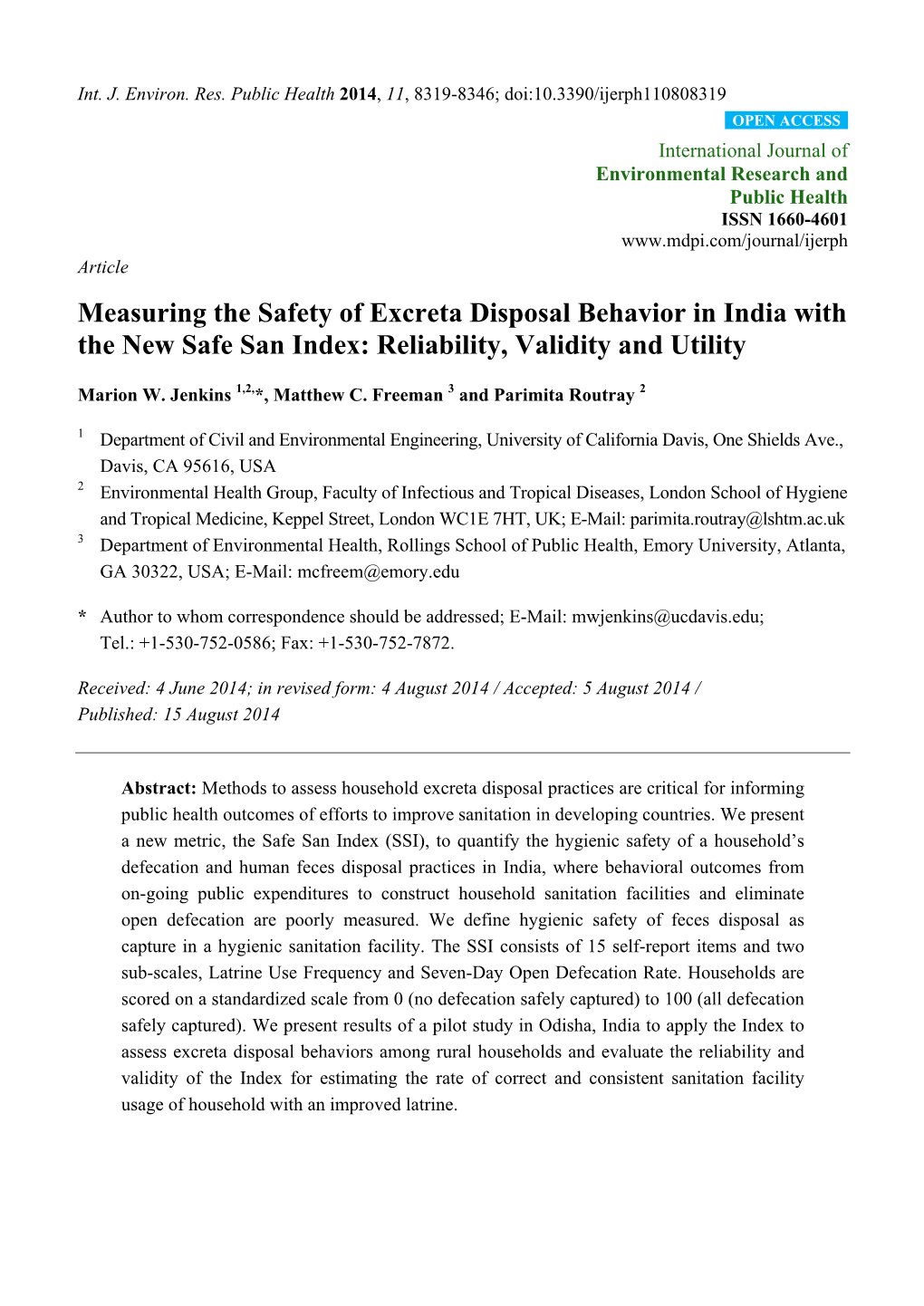 Measuring the Safety of Excreta Disposal Behavior in India with the New Safe San Index: Reliability, Validity and Utility