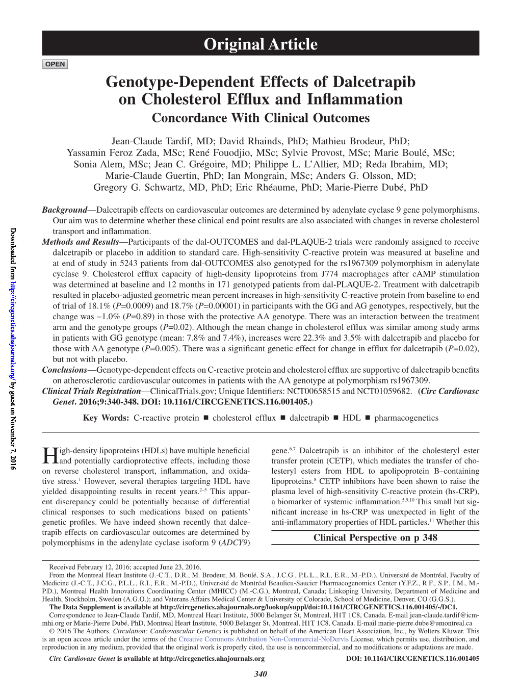 Genotype-Dependent Effects of Dalcetrapib on Cholesterol Efflux and Inflammation Concordance with Clinical Outcomes