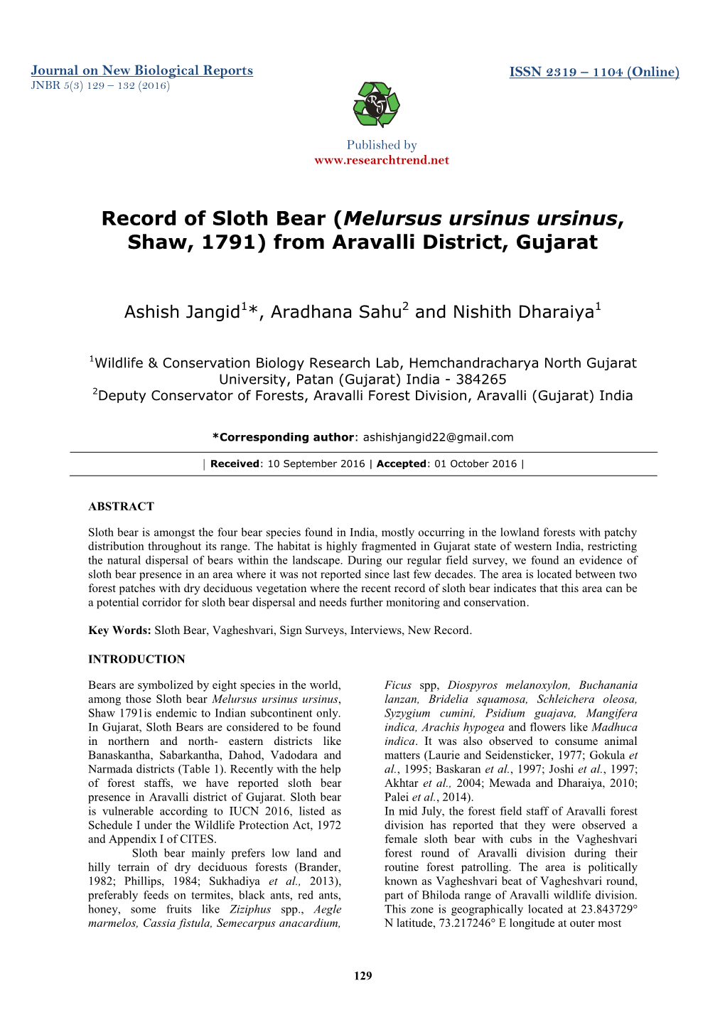 Record of Sloth Bear (Melursus Ursinus Ursinus, Shaw, 1791) from Aravalli District, Gujarat