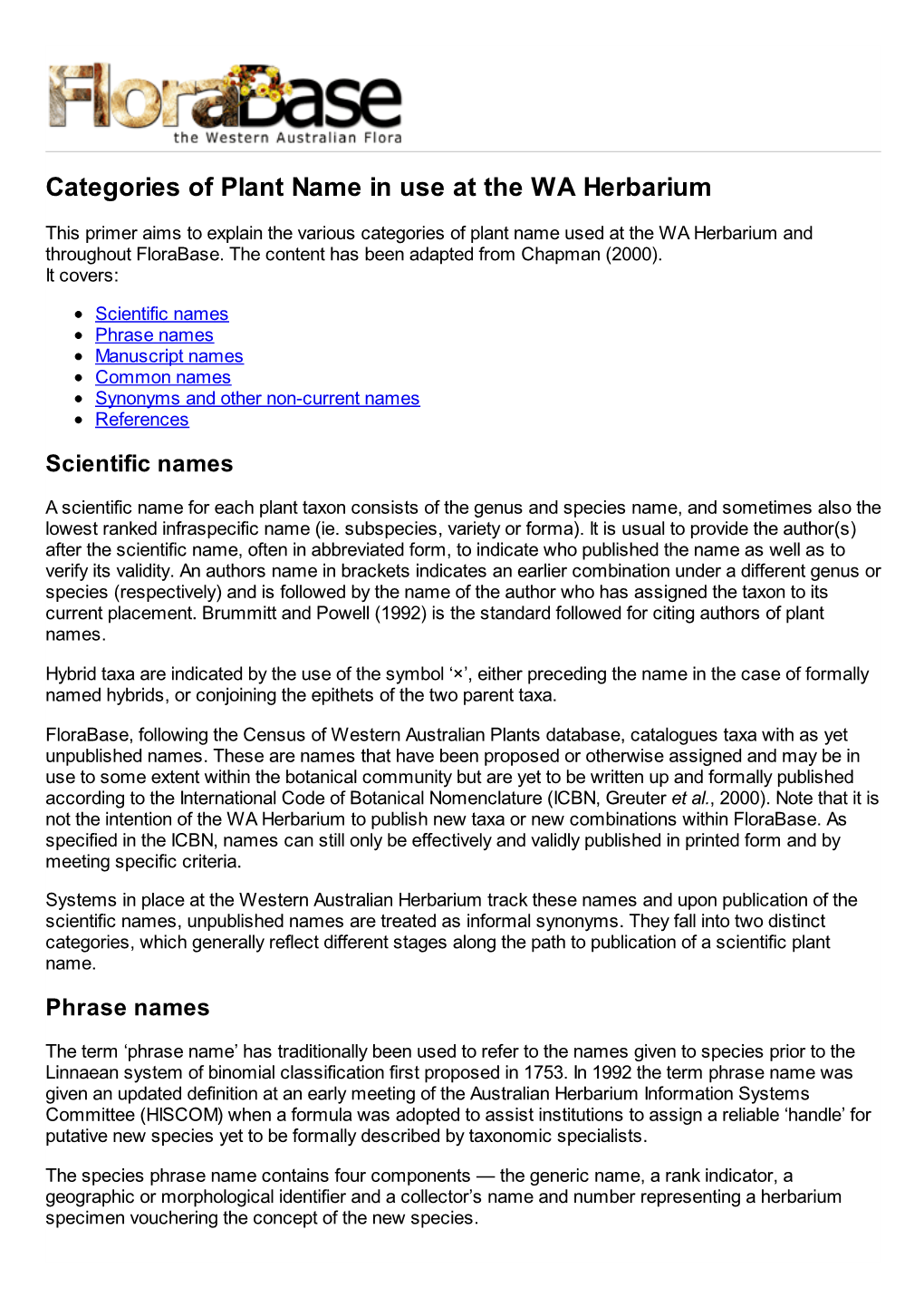Categories of Plant Name in Use at the WA Herbarium