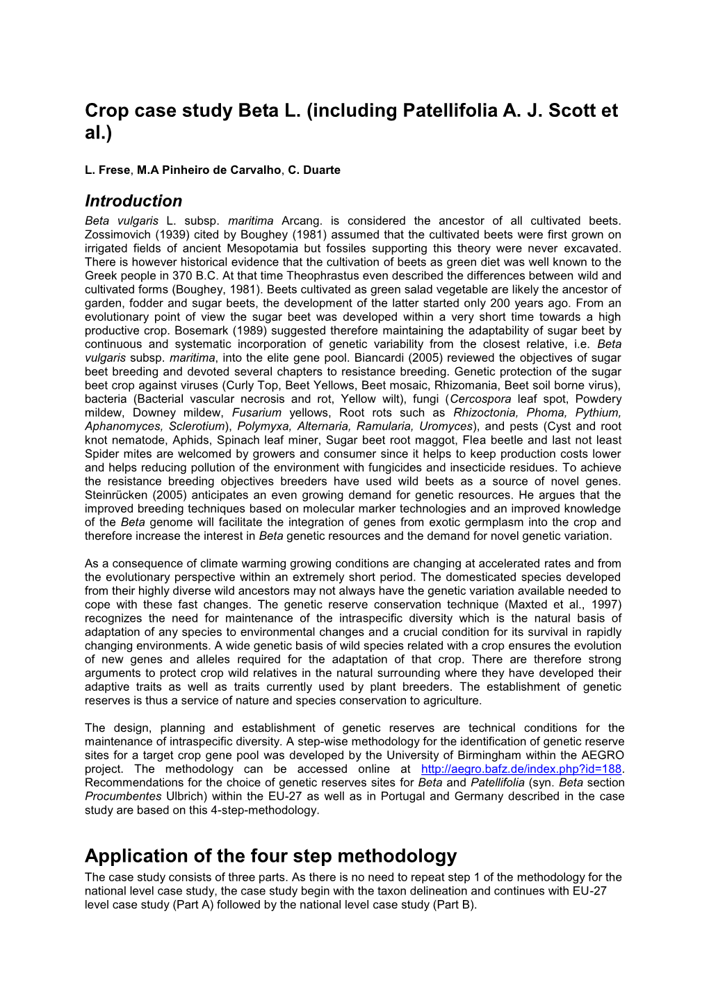 Crop Case Study Beta L. (Including Patellifolia AJ Scott Et Al.)