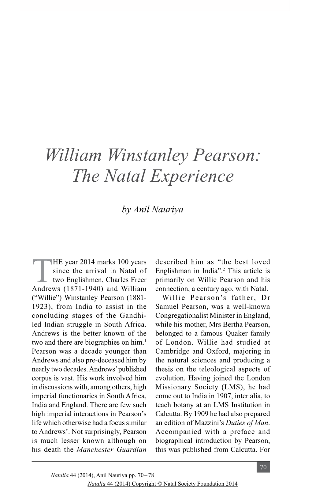William Winstanley Pearson: the Natal Experience