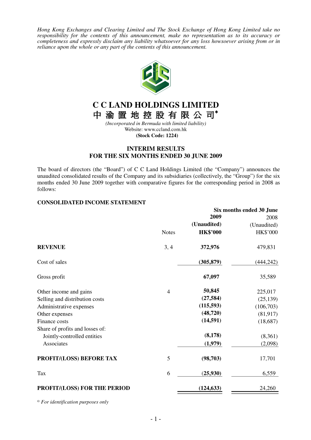 C C LAND HOLDINGS LIMITED 中 渝 置 地 控 股 有 限 公 司＊＊＊ (Incorporated in Bermuda with Limited Liability) Website: (Stock Code: 1224)
