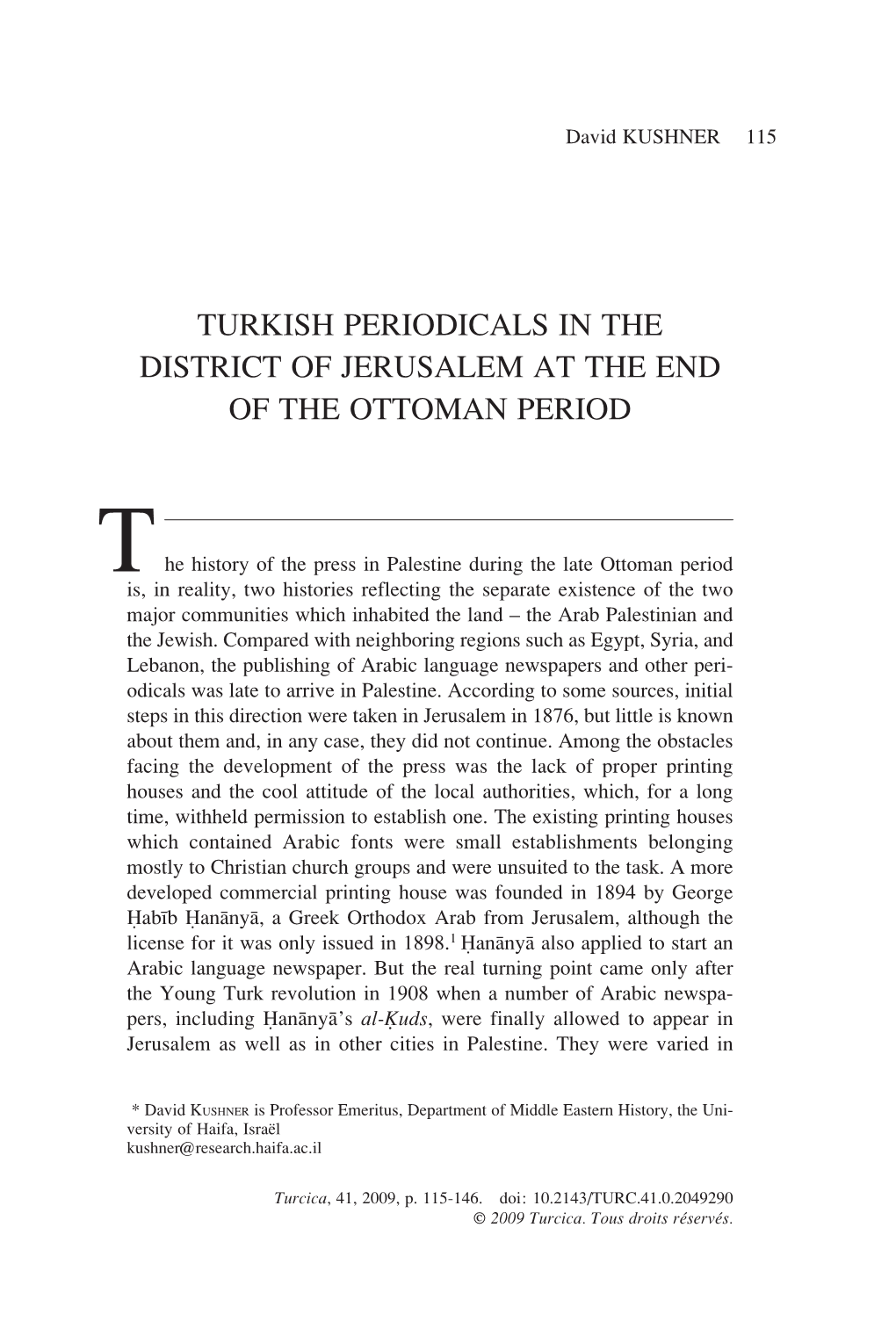 Turkish Periodicals in the District of Jerusalem at the End of the Ottoman Period