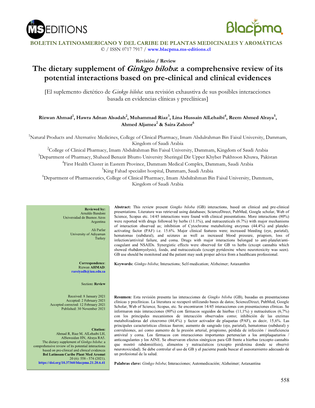 The Dietary Supplement of Ginkgo Biloba: a Comprehensive Review of Its Potential Interactions Based on Pre-Clinical and Clinical Evidences