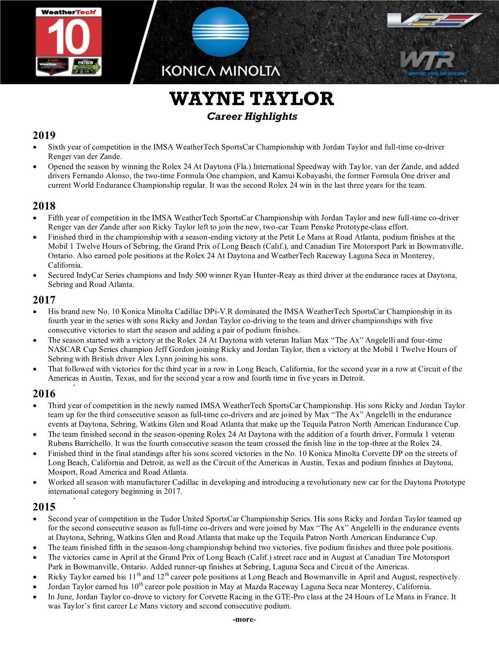 WAYNE TAYLOR Career Highlights