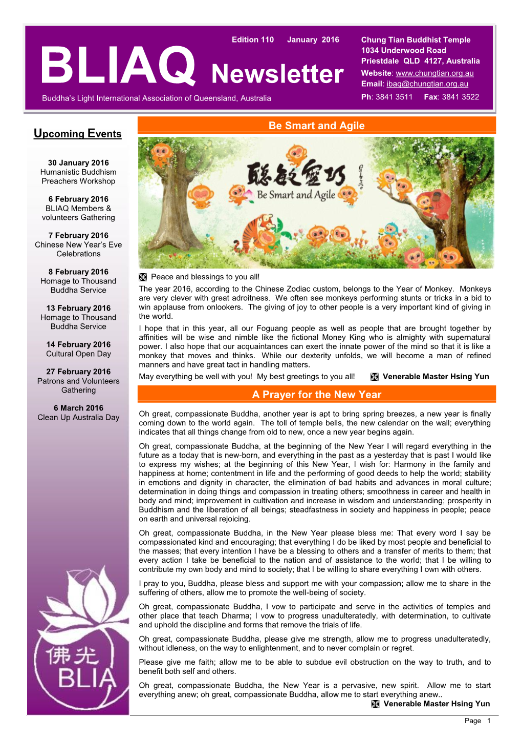BLIAQ Newsletter Email: Ibaq@Chungtian.Org.Au