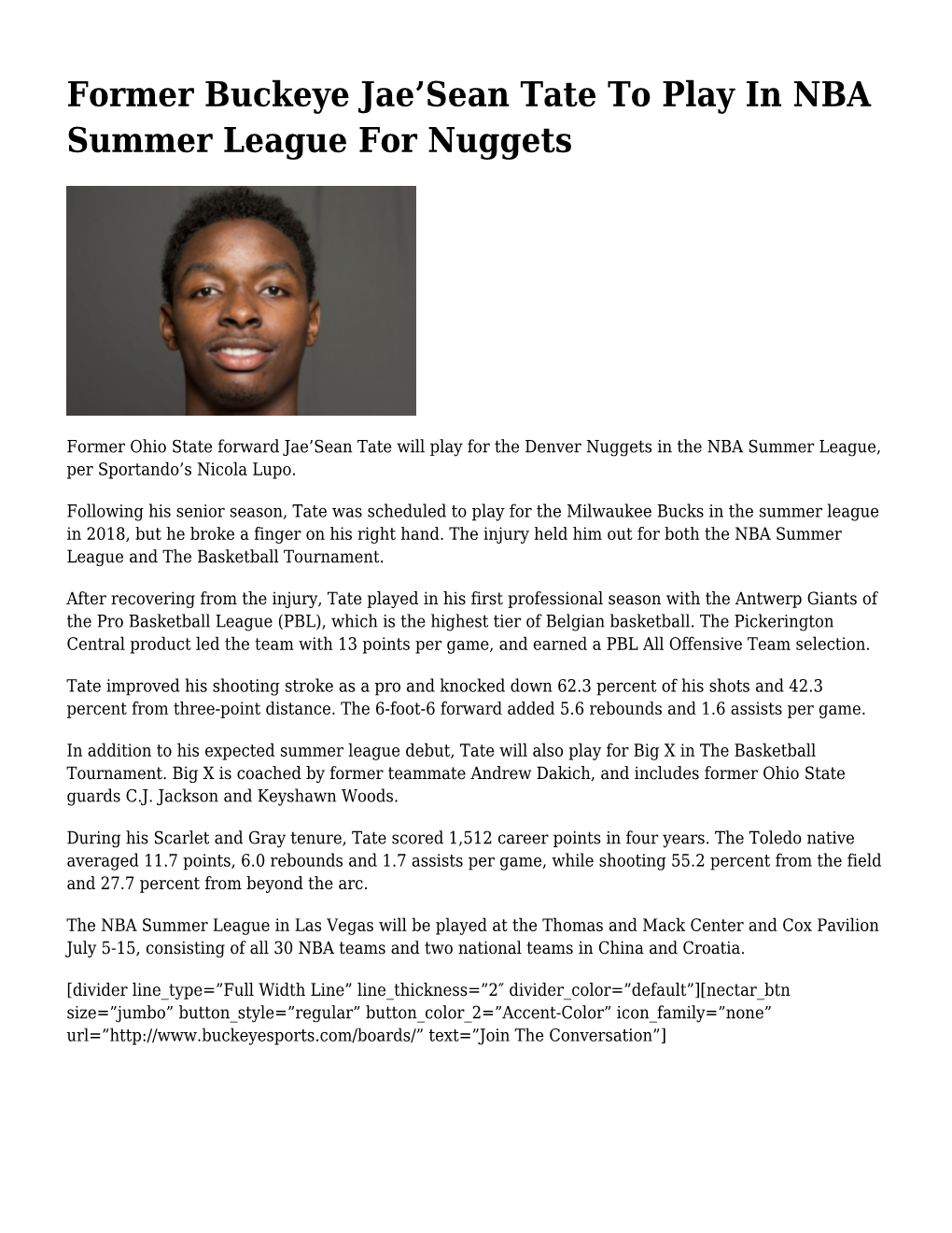 Former Buckeye Jae'sean Tate to Play in NBA Summer League for Nuggets