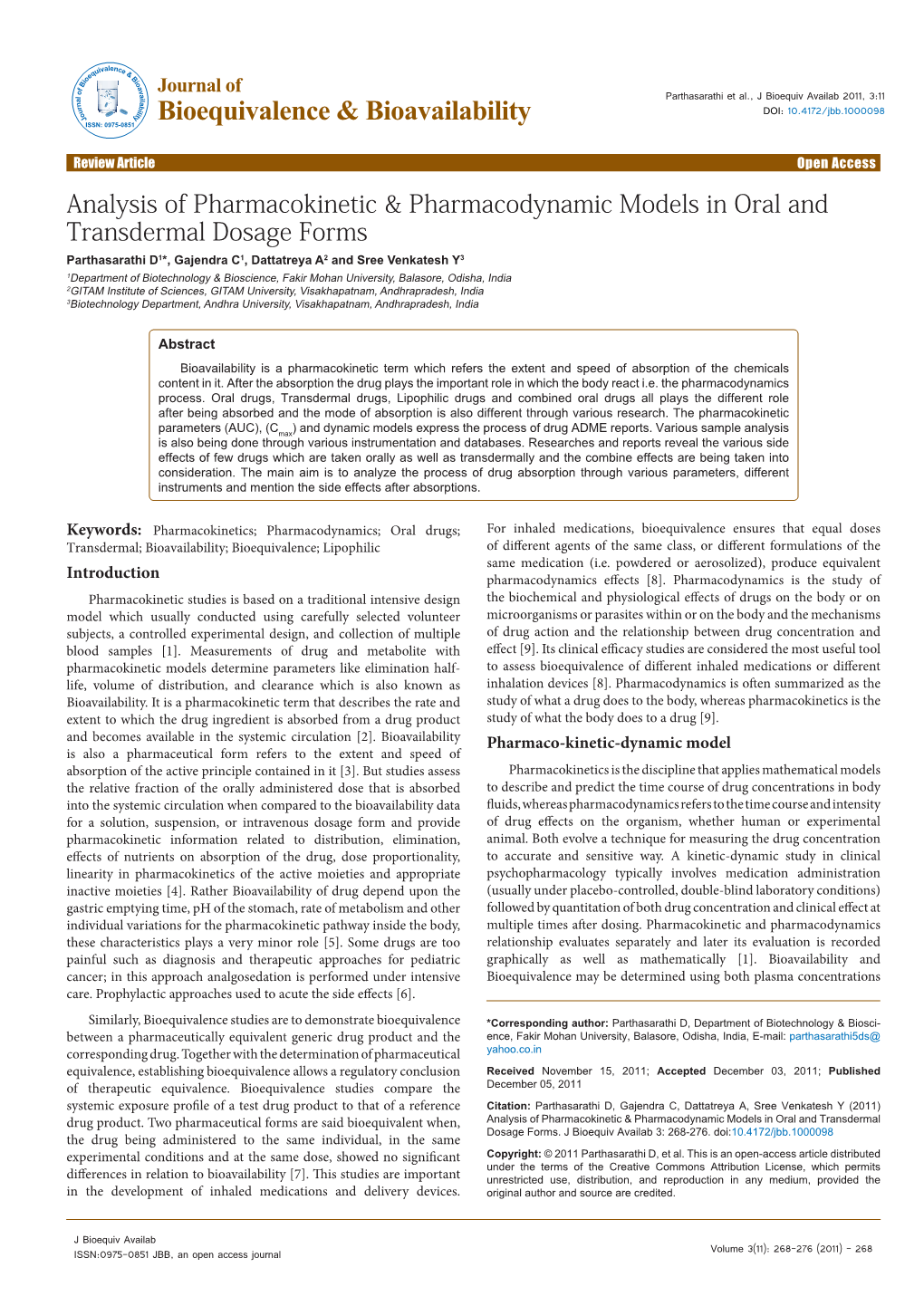 Analysis of Pharmacokinetic & Pharmacodynamic Models in Oral