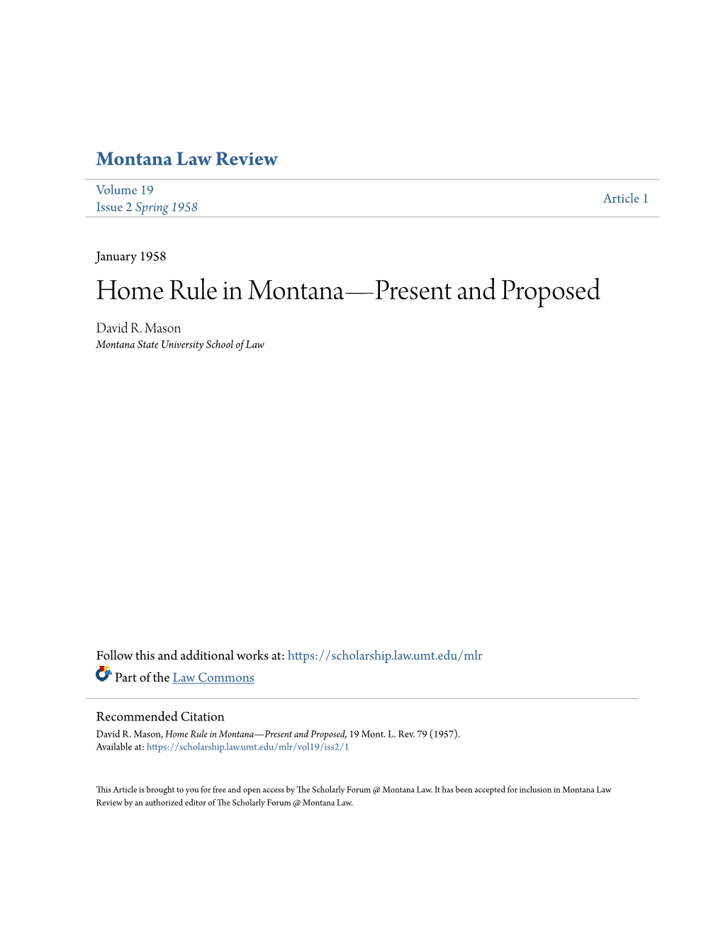 Home Rule in Montanaâ•Flpresent and Proposed