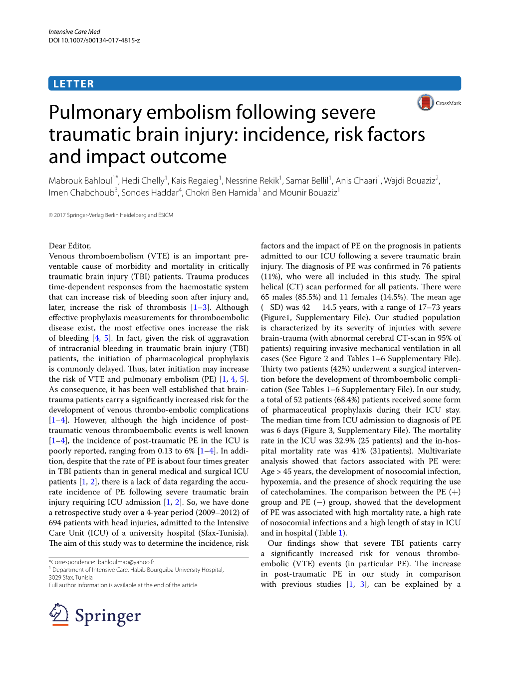 Pulmonary Embolism Following Severe Traumatic Brain Injury