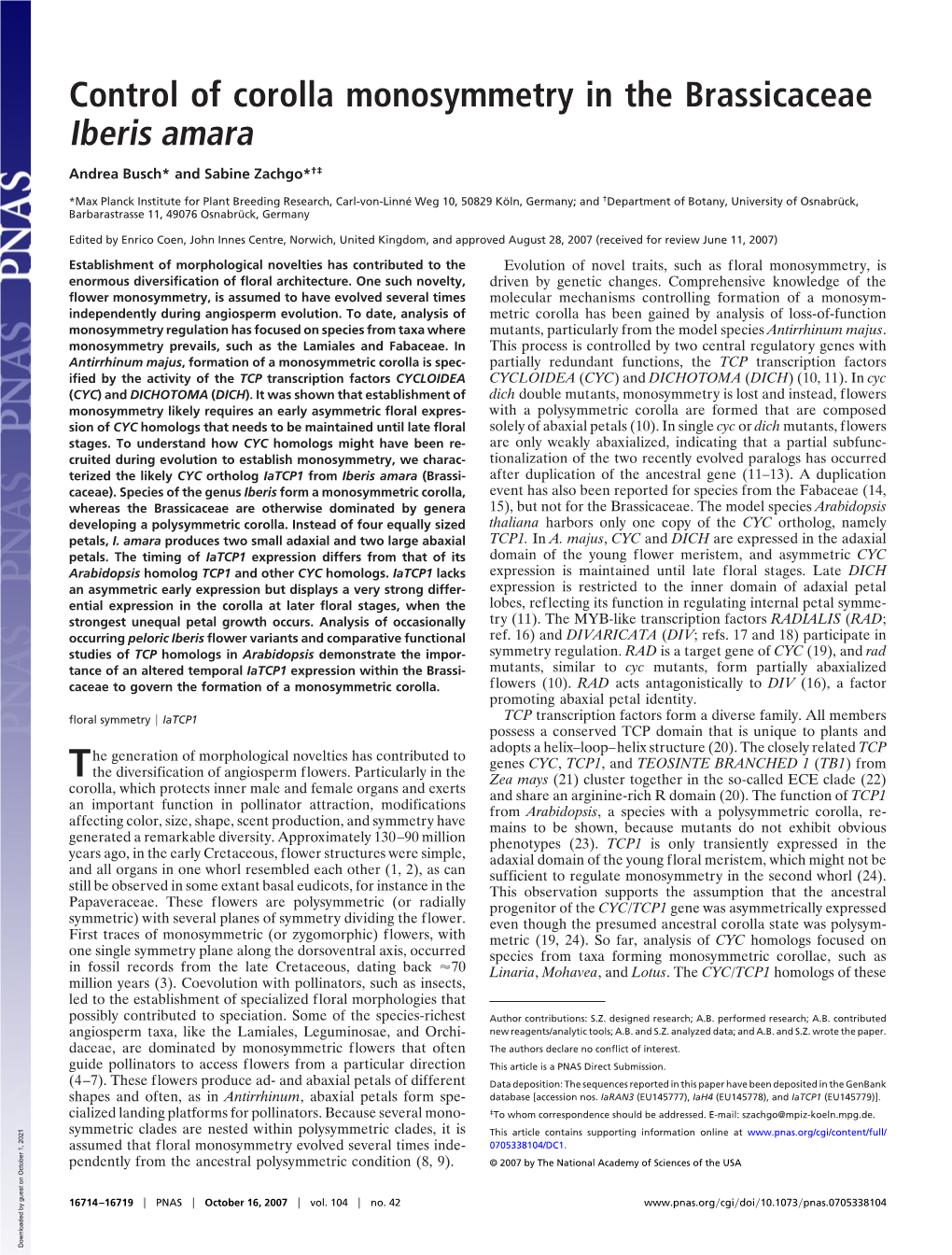 Control of Corolla Monosymmetry in the Brassicaceae Iberis Amara