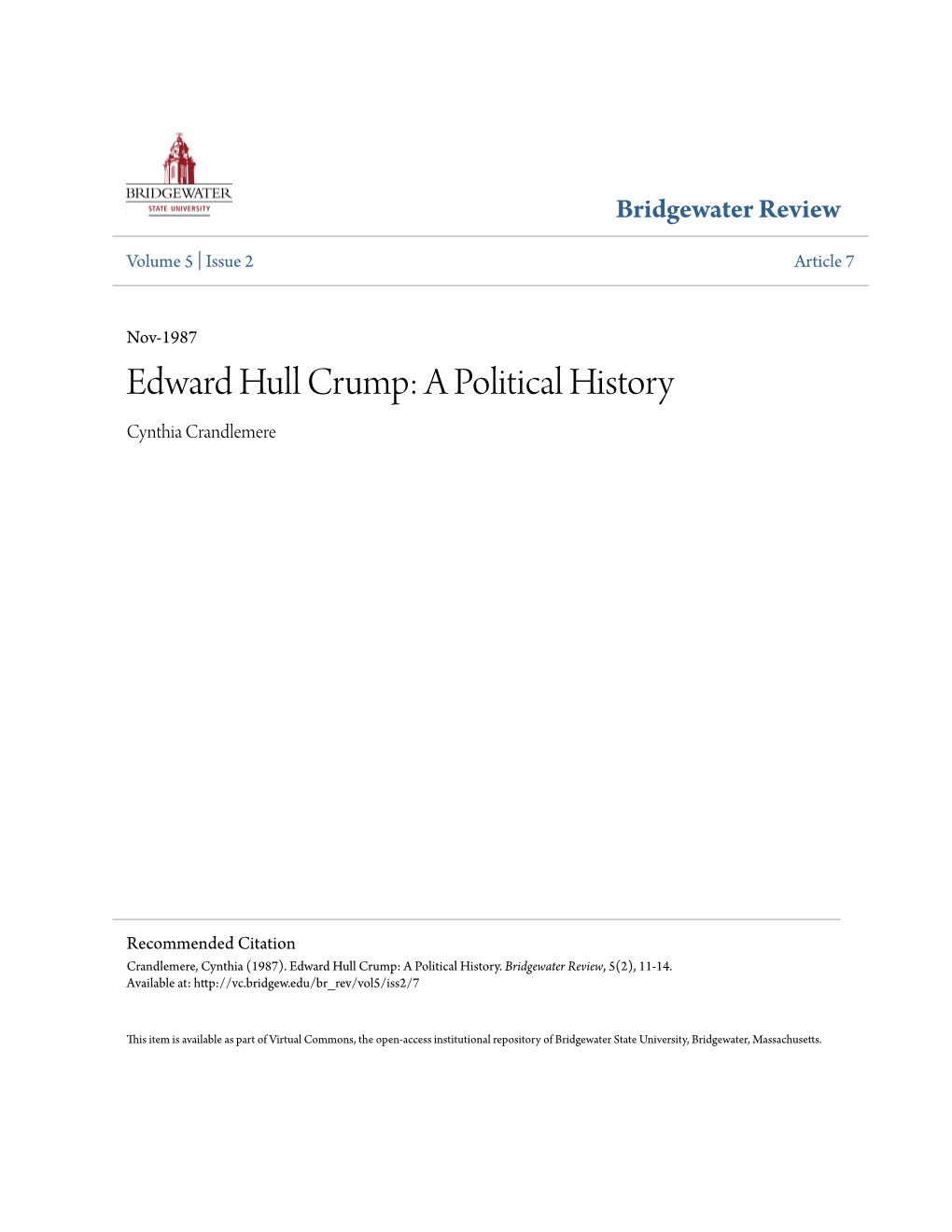 Edward Hull Crump: a Political History Cynthia Crandlemere