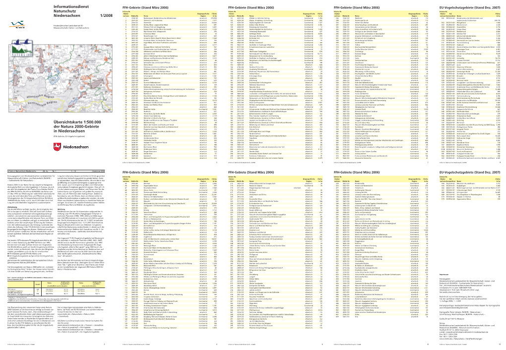 Übersichtskarte 1:500.000 Der Natura 2000-Gebiete in Niedersachsen