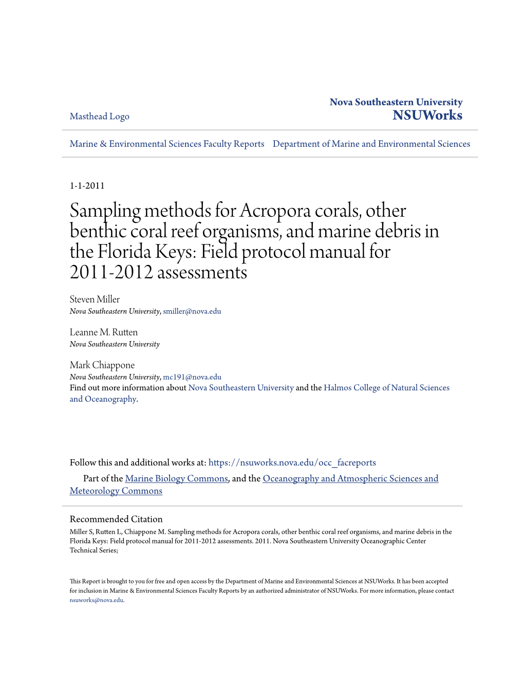 Sampling Methods for Acropora Corals, Other Benthic Coral