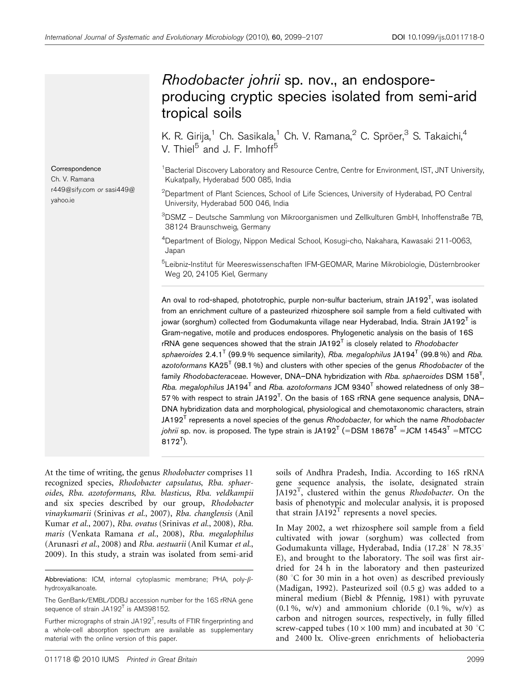 Rhodobacter Johrii Sp. Nov., an Endospore- Producing Cryptic Species Isolated from Semi-Arid Tropical Soils