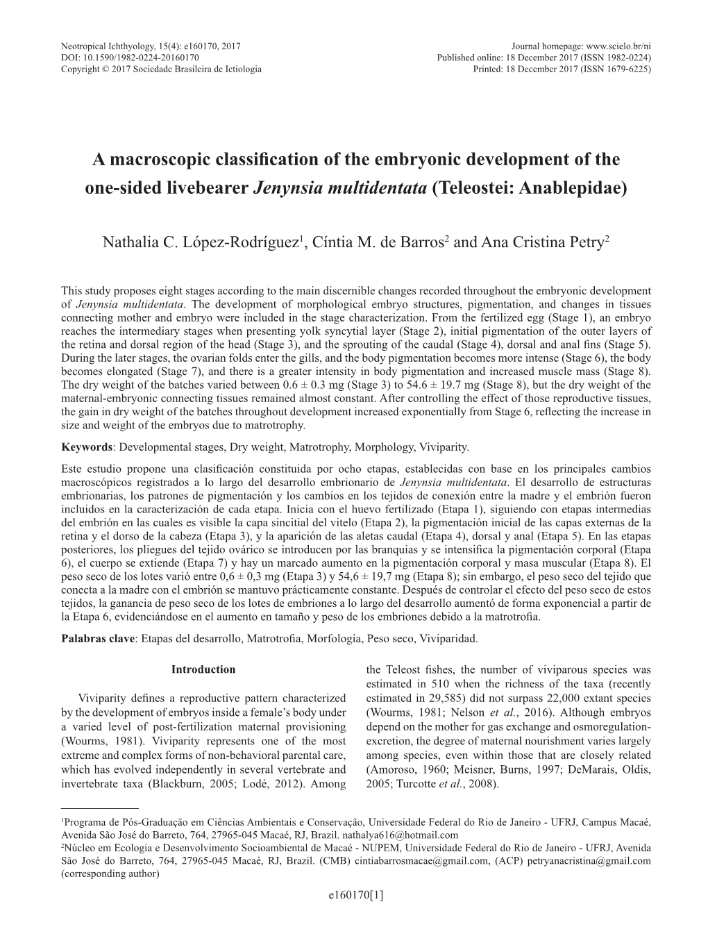 A Macroscopic Classification of the Embryonic Development of the One-Sided Livebearer Jenynsia Multidentata (Teleostei: Anablepidae)