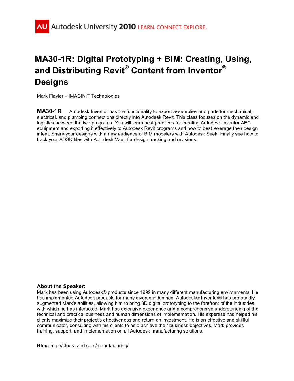 MA30-1R: Digital Prototyping + BIM: Creating, Using, and Distributing Revit® Content from Inventor® Designs