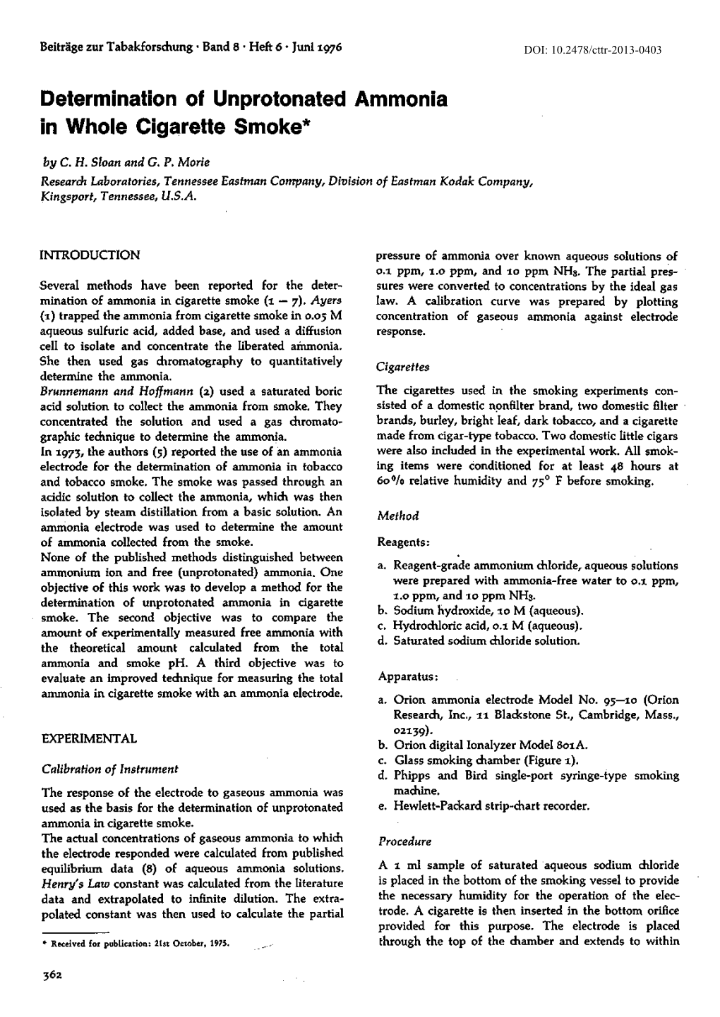 Determination of Unprotonated Ammonia in Whole Cigarette Smoke* by C