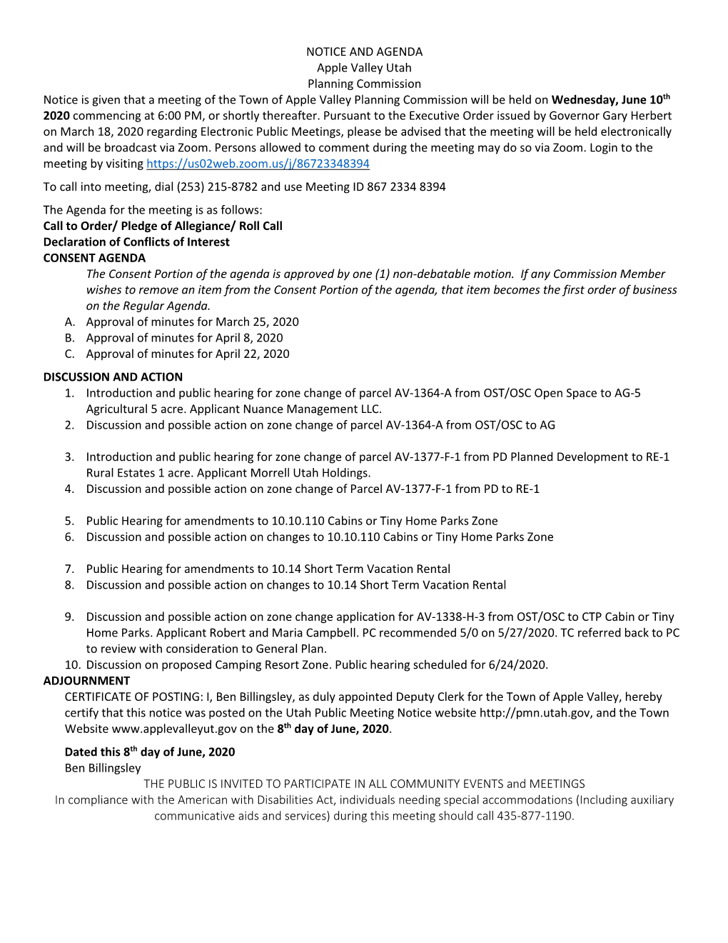 NOTICE and AGENDA Apple Valley Utah Planning Commission Notice