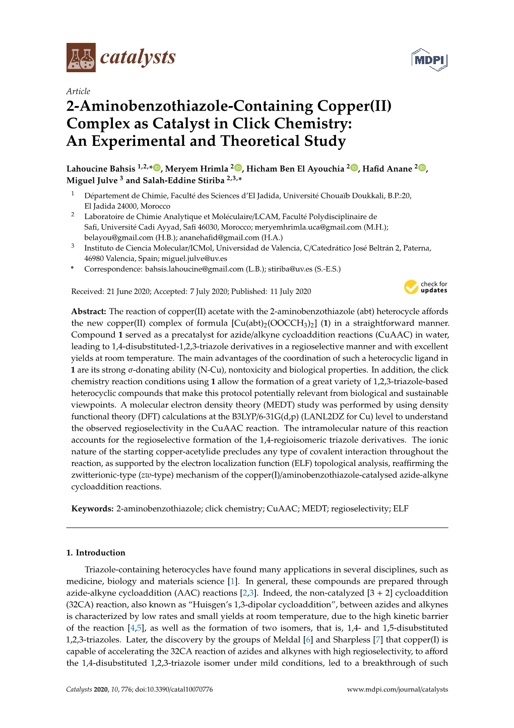 2-Aminobenzothiazole-Containing Copper(II) Complex As Catalyst in Click Chemistry: an Experimental and Theoretical Study