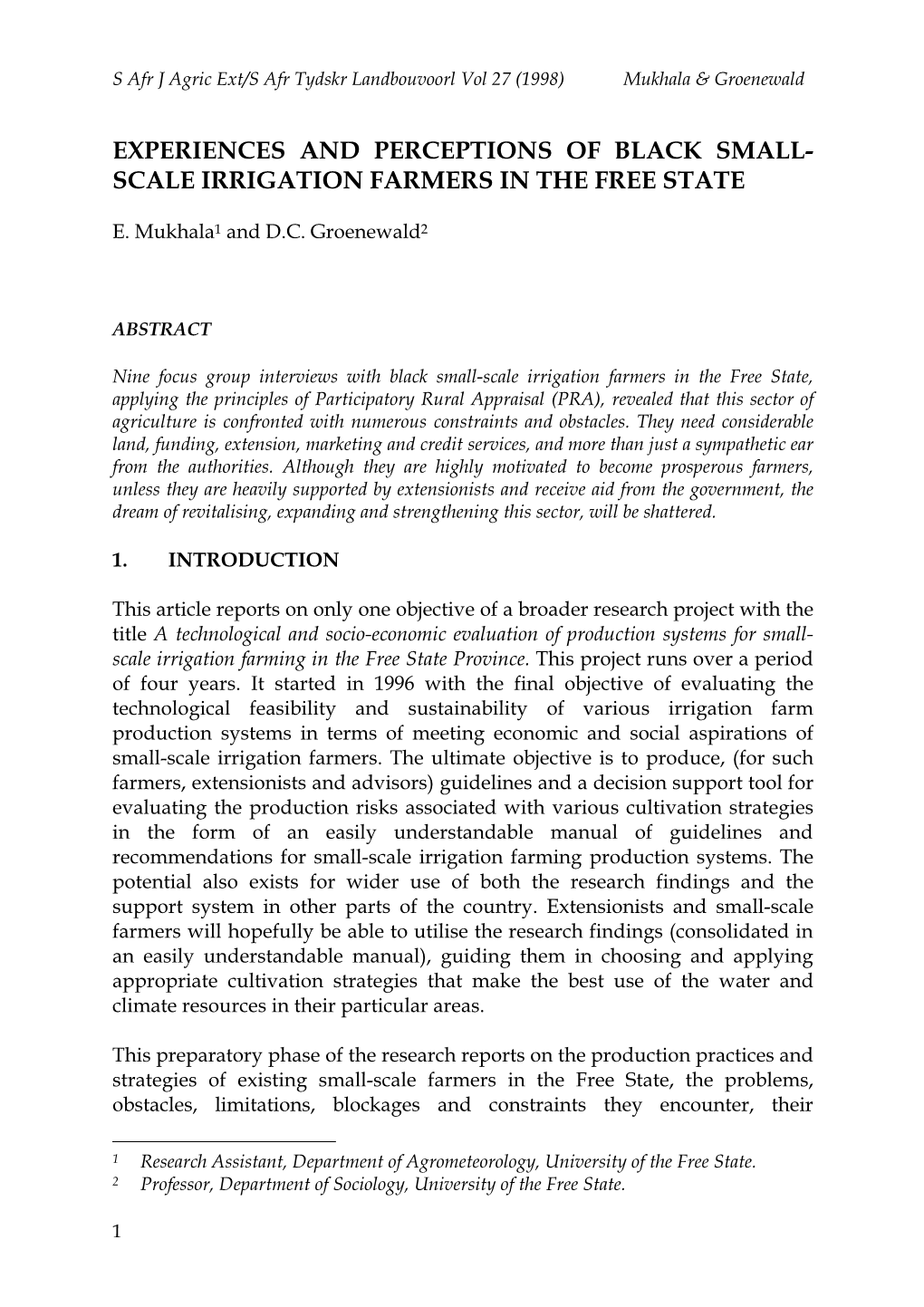 Experiences and Perceptions of Black Small- Scale Irrigation Farmers in the Free State