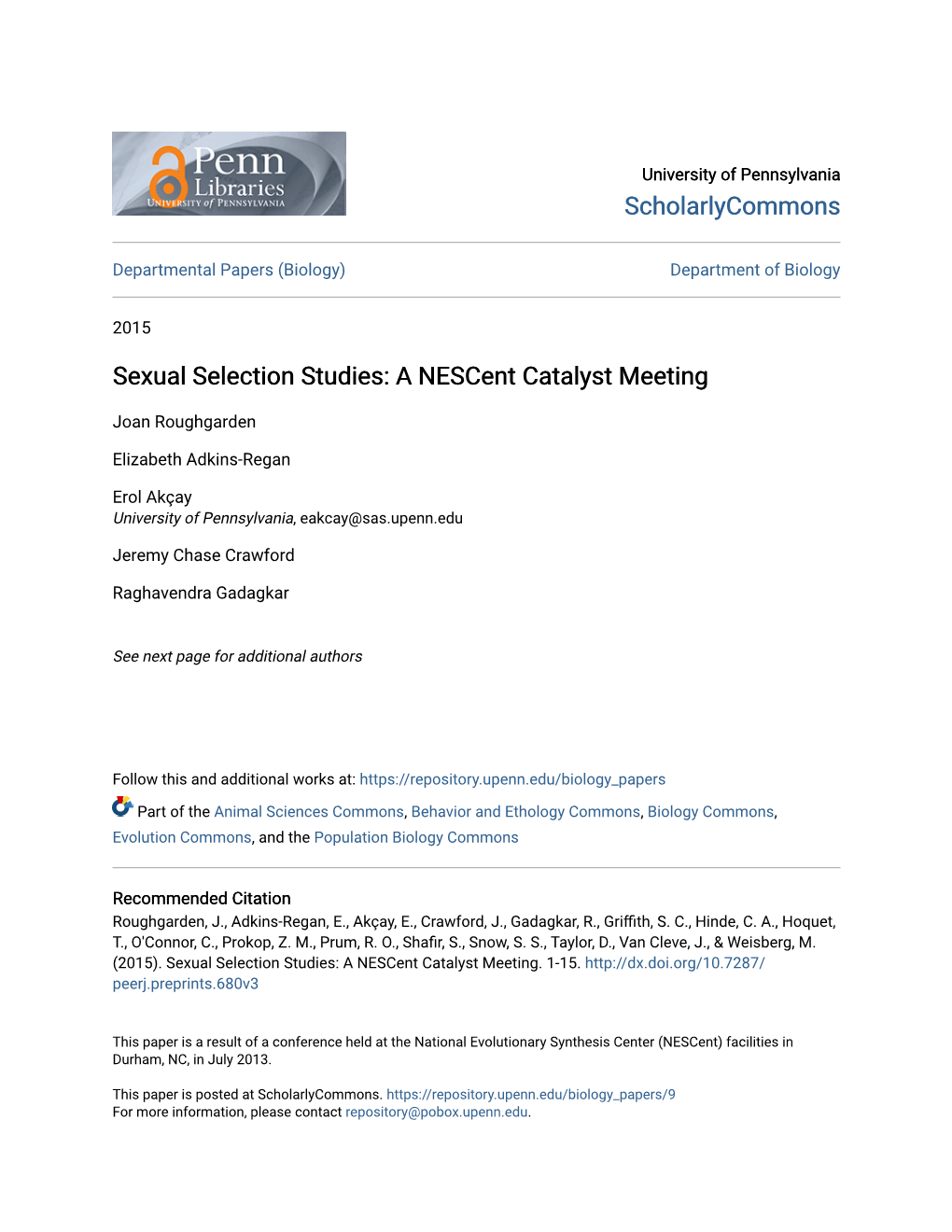 Sexual Selection Studies: a Nescent Catalyst Meeting