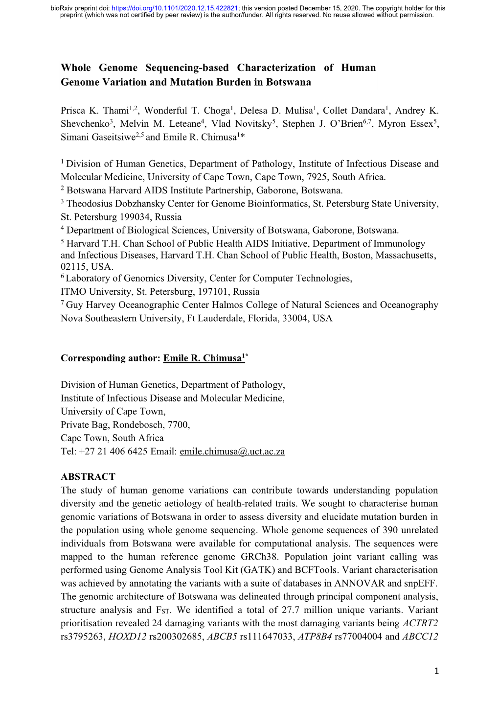 Whole Genome Sequencing-Based Characterization of Human Genome Variation and Mutation Burden in Botswana