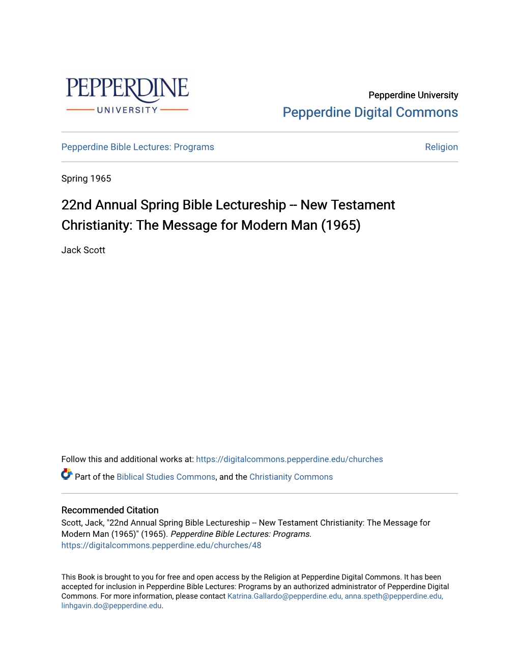 22Nd Annual Spring Bible Lectureship -- New Testament Christianity: the Message for Modern Man (1965)