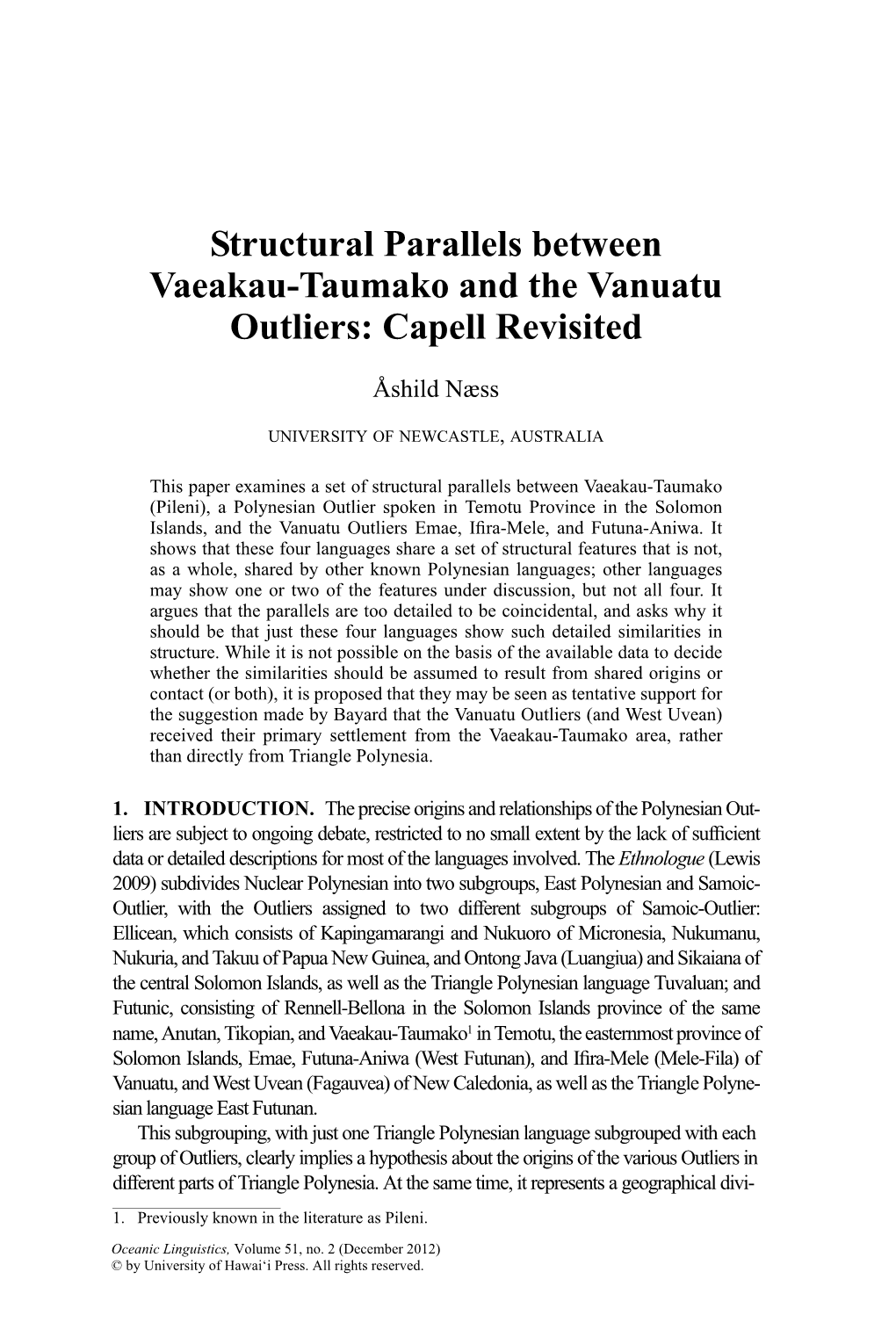 Structural Parallels Between Vaeakau-Taumako and the Vanuatu Outliers: Capell Revisited