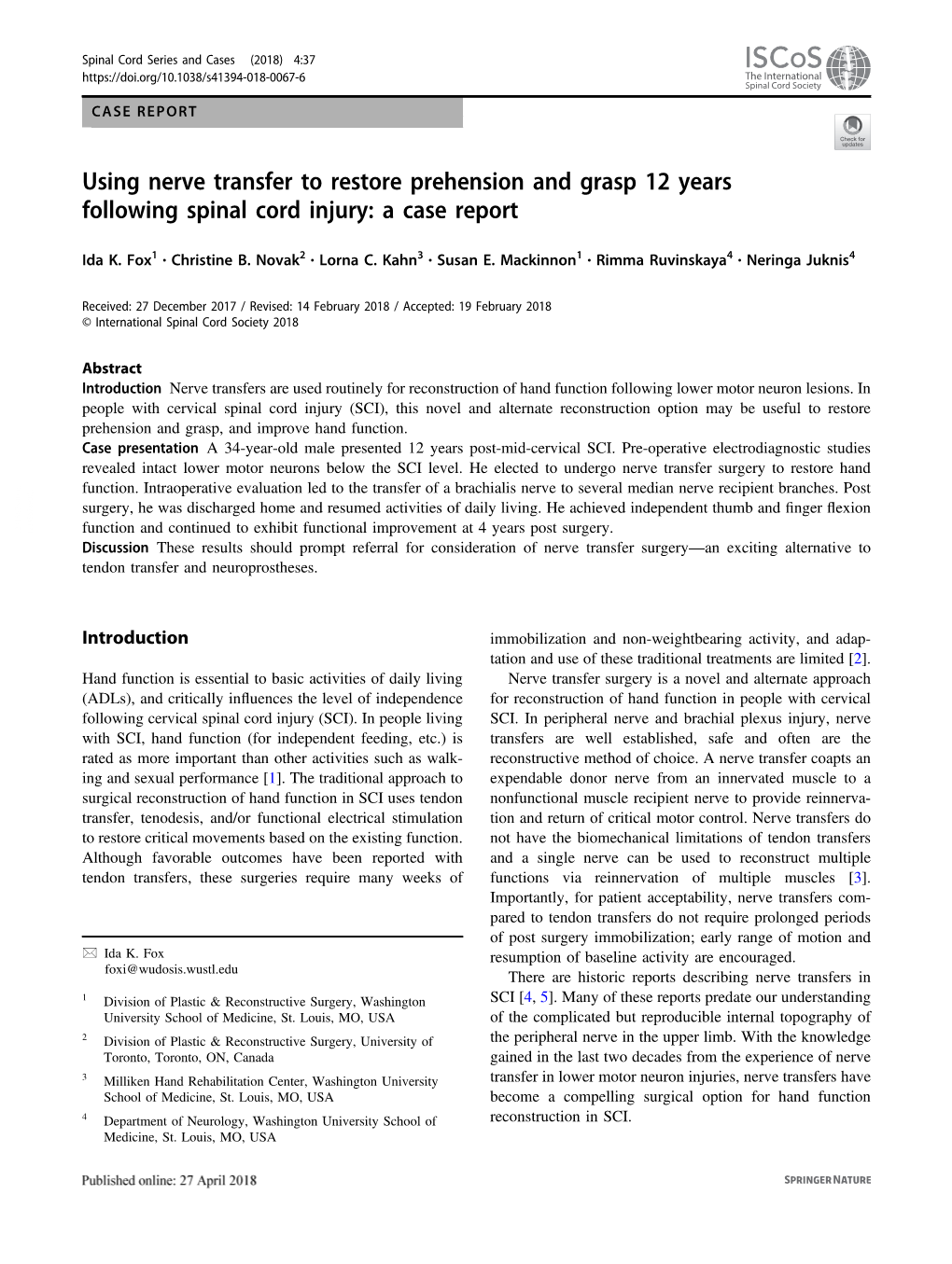 Using Nerve Transfer to Restore Prehension and Grasp 12 Years Following Spinal Cord Injury: a Case Report