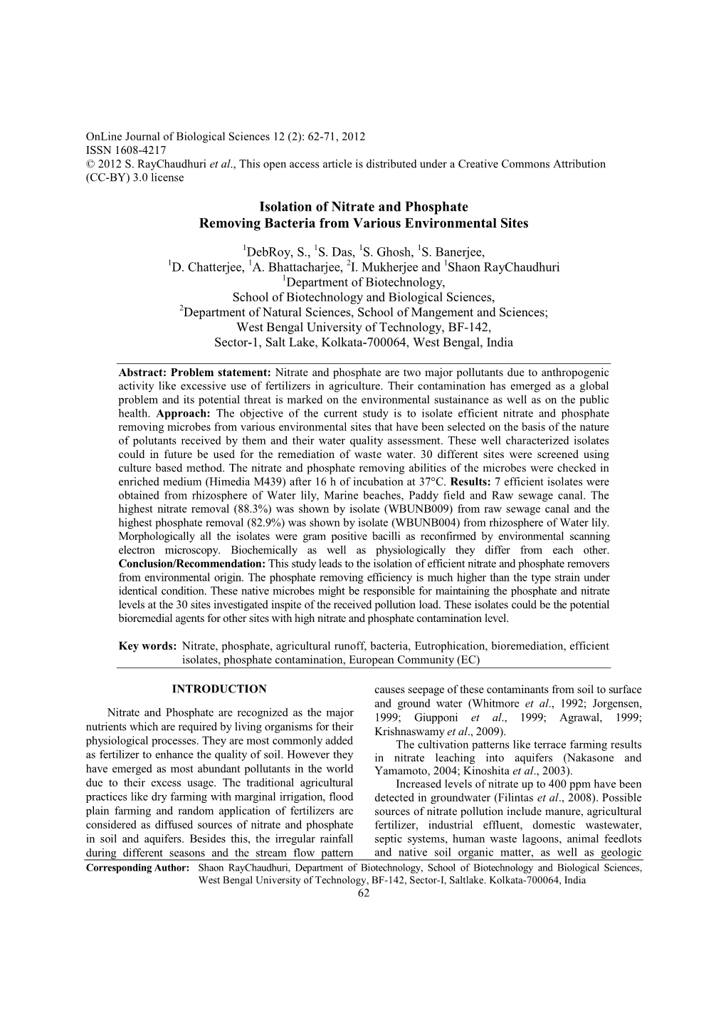 Isolation of Nitrate and Phosphate Removing Bacteria from Various Environmental Sites