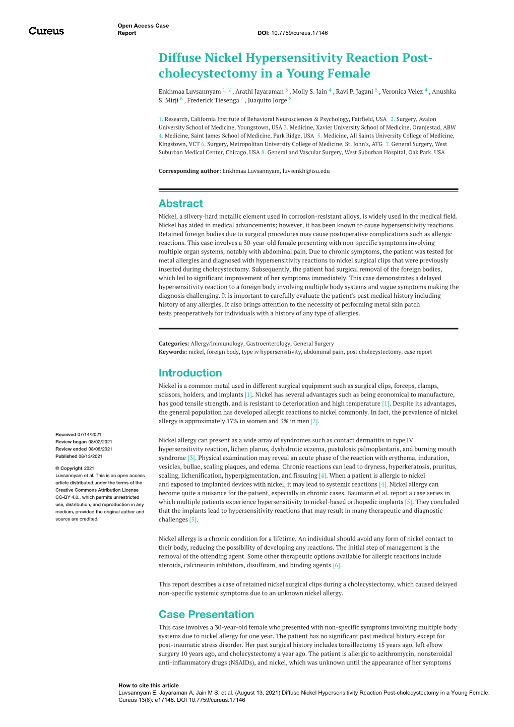 Diffuse Nickel Hypersensitivity Reaction Post- Cholecystectomy in a Young Female