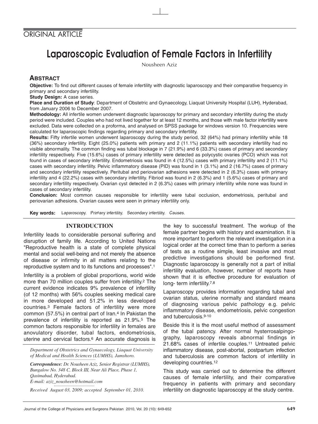 Laparoscopic Evaluation of Female Factors in Infertility Nousheen Aziz