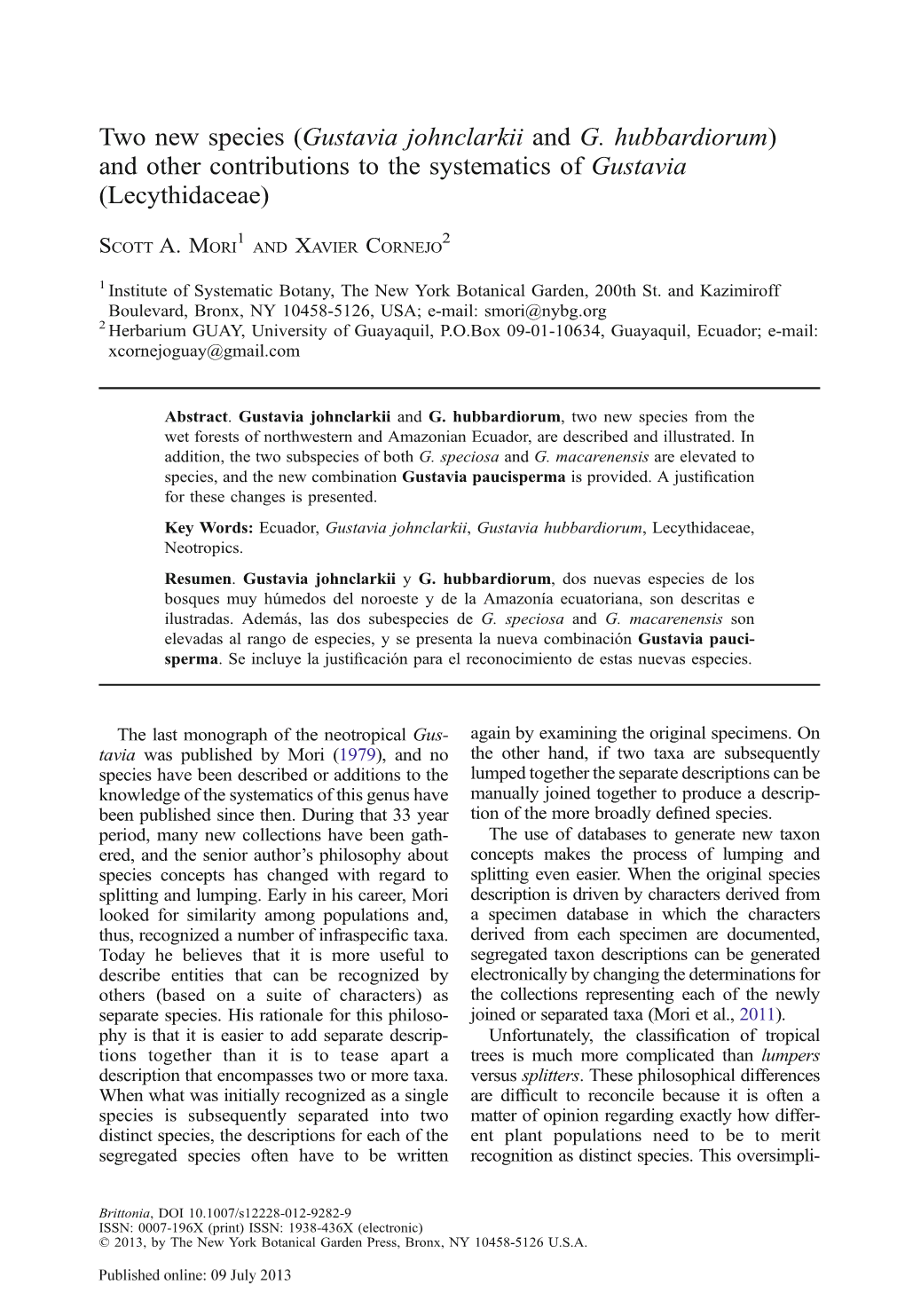 Gustavia Johnclarkii and G. Hubbardiorum) and Other Contributions to the Systematics of Gustavia (Lecythidaceae)