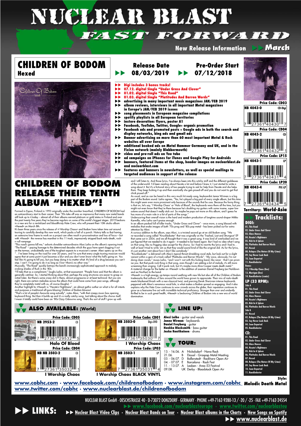 CHILDREN of BODOM Release Date Pre-Order Start Hexed Uu 08/03/2019 Uu 07/12/2018