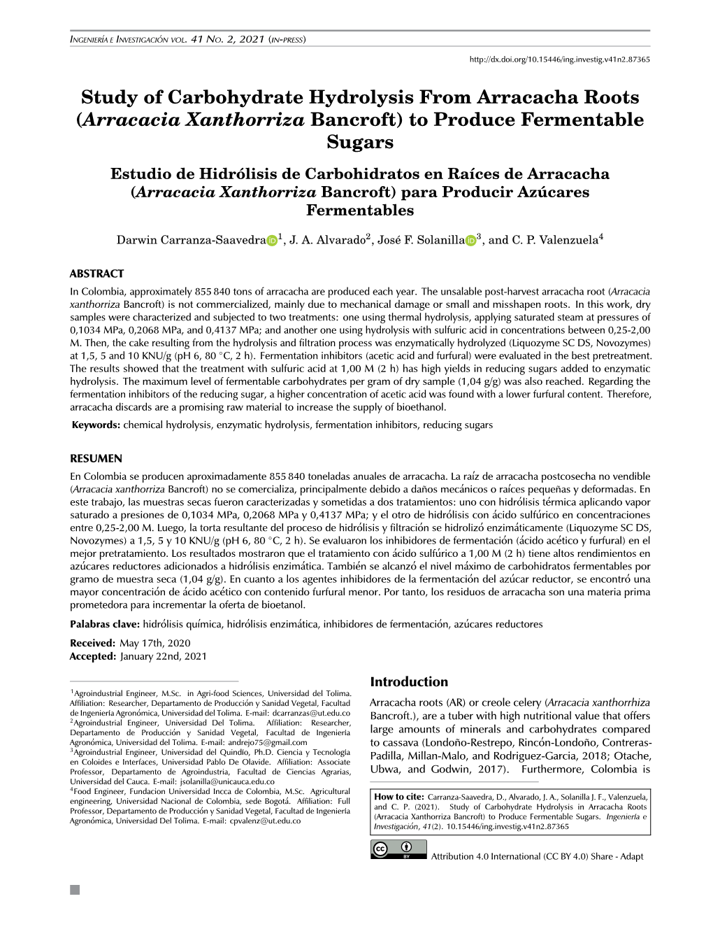 Study of Carbohydrate Hydrolysis from Arracacha Roots