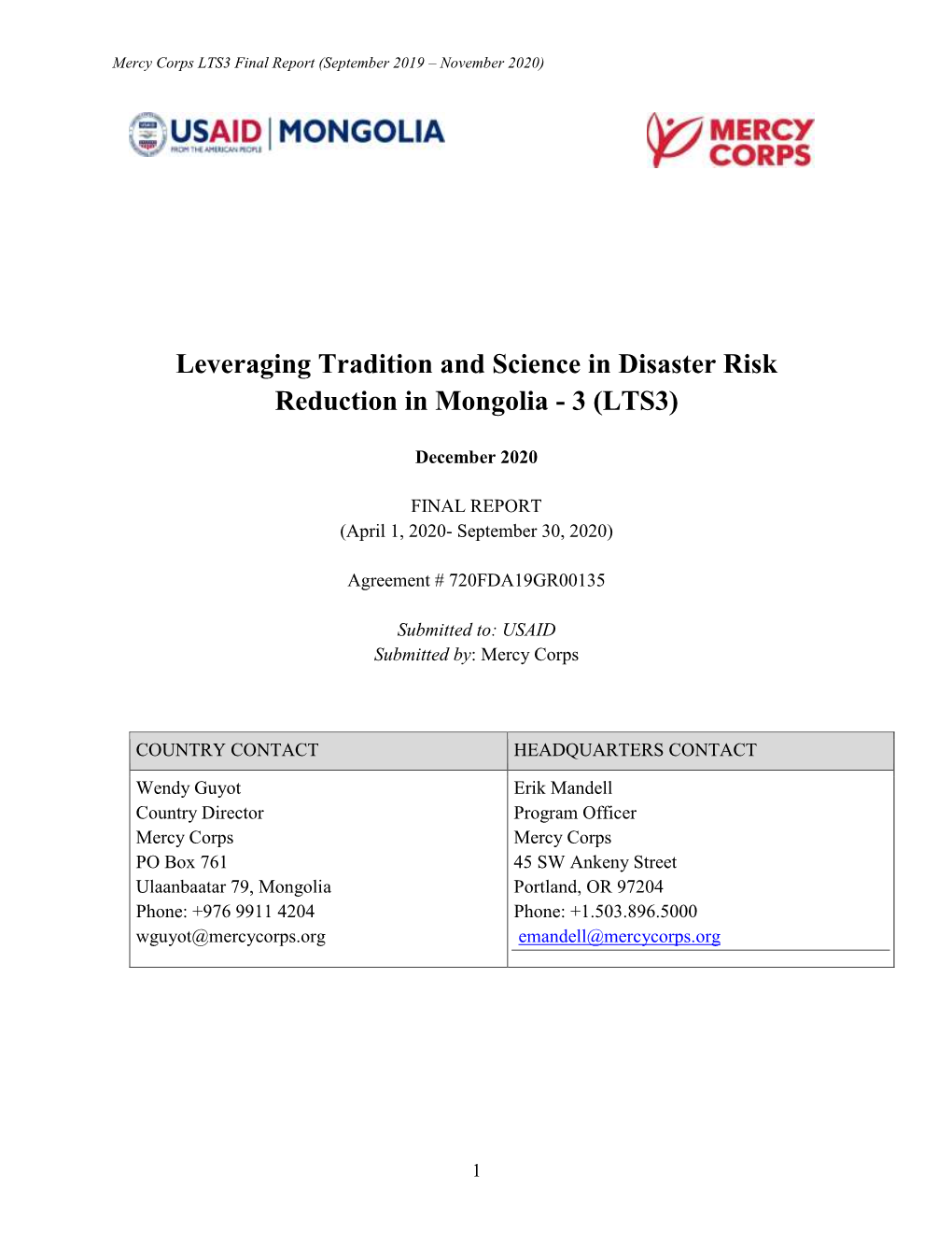 Leveraging Tradition and Science in Disaster Risk Reduction in Mongolia - 3 (LTS3)