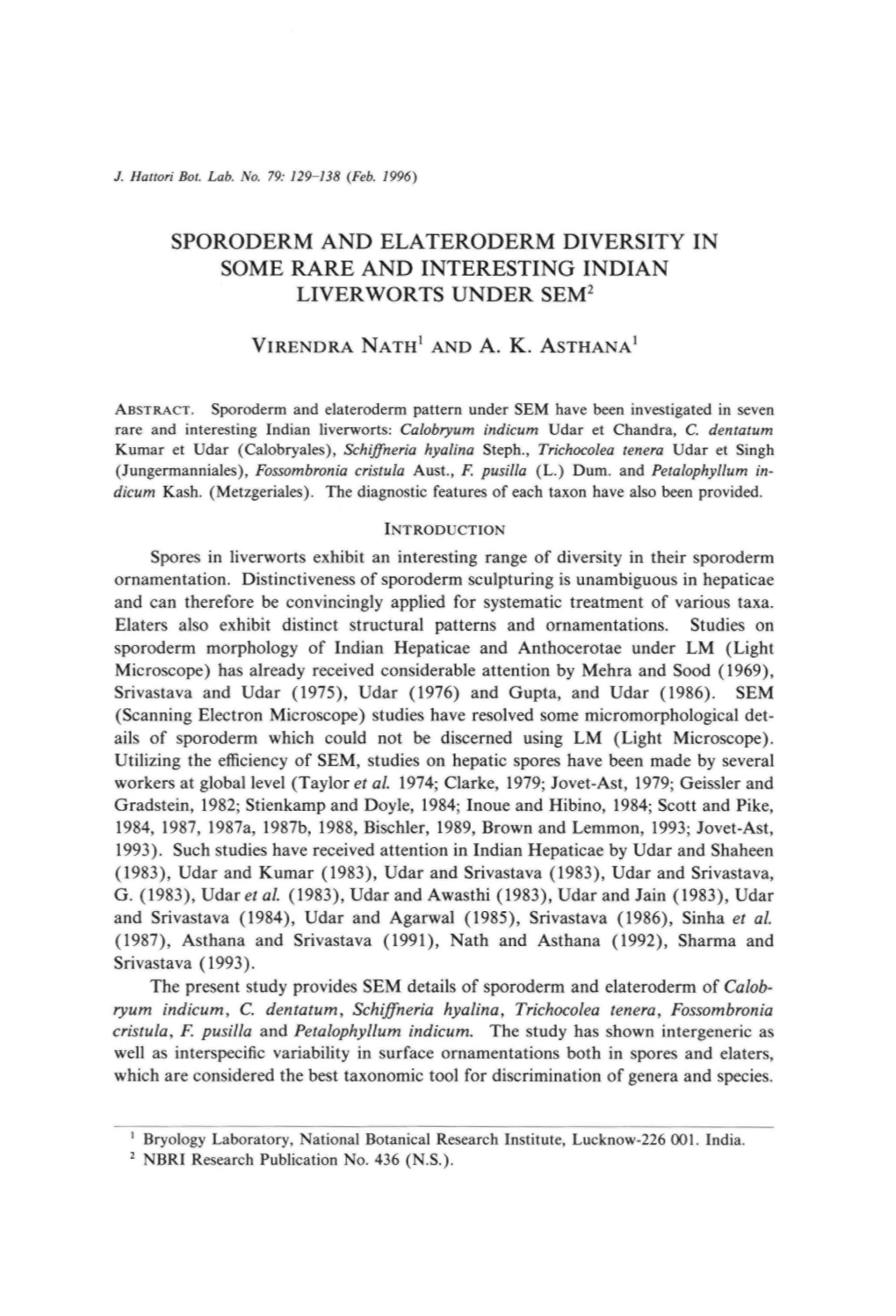 Sporoderm and Elateroderm Diversity in Some Rare and Interesting Indian Liverworts Under Sem2