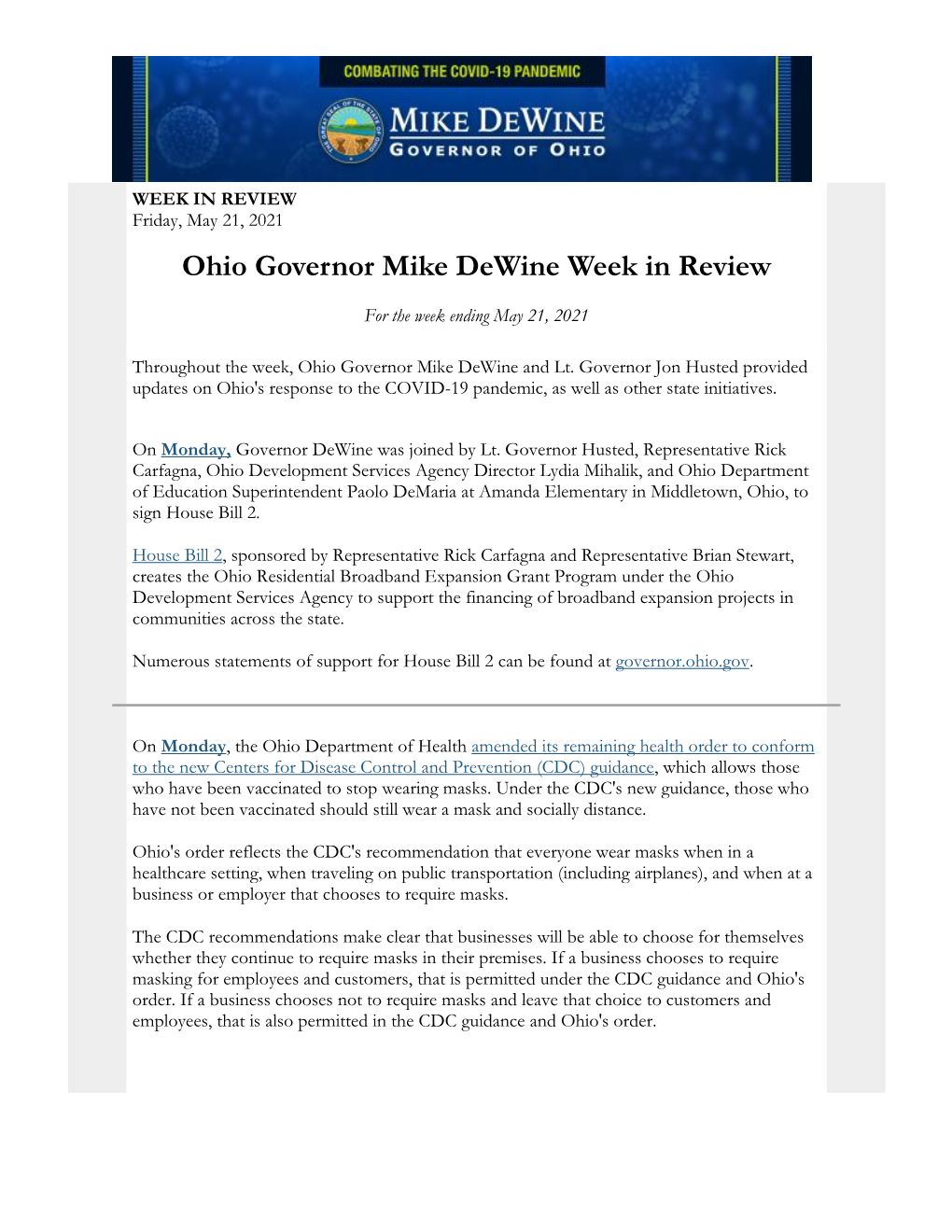 Ohio Governor Mike Dewine Week in Review