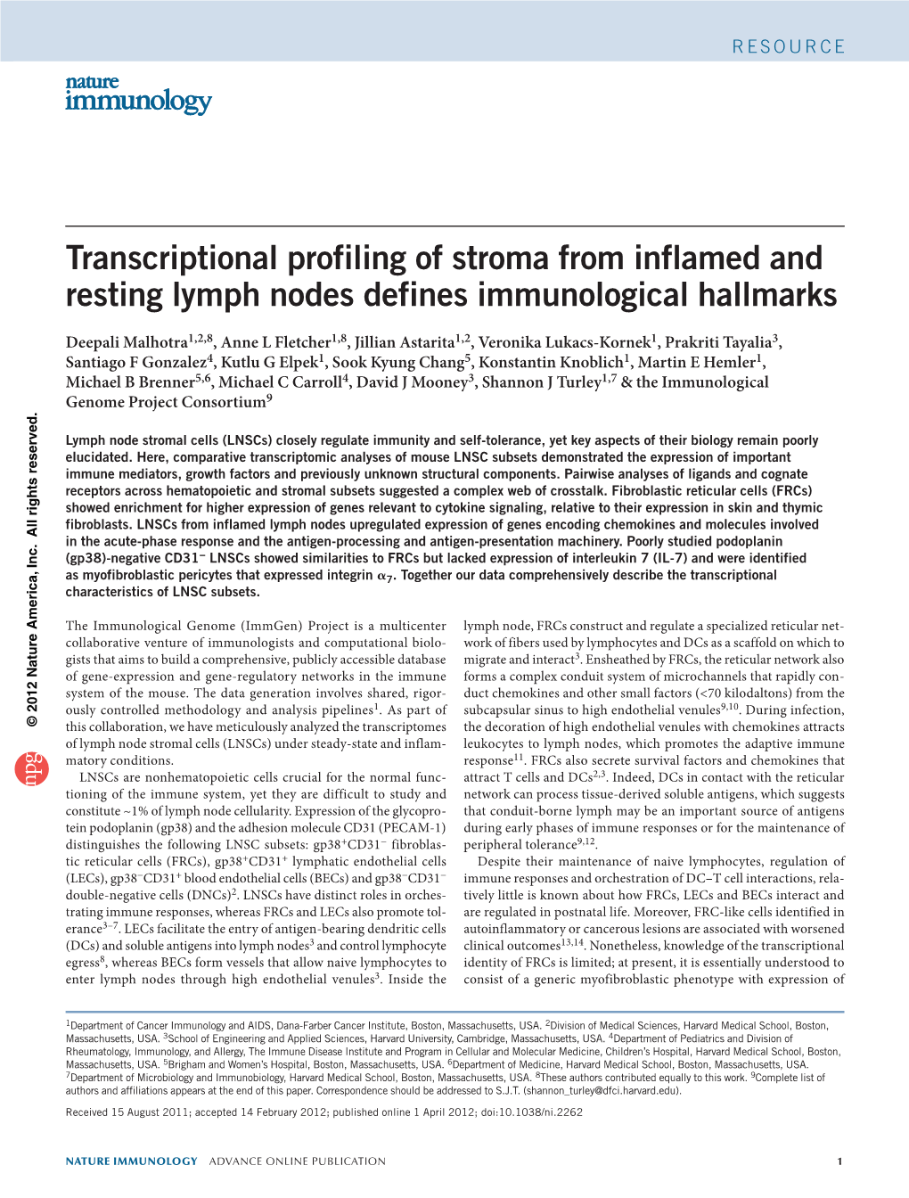 Transcriptional Profiling of Stroma from Inflamed and Resting Lymph Nodes