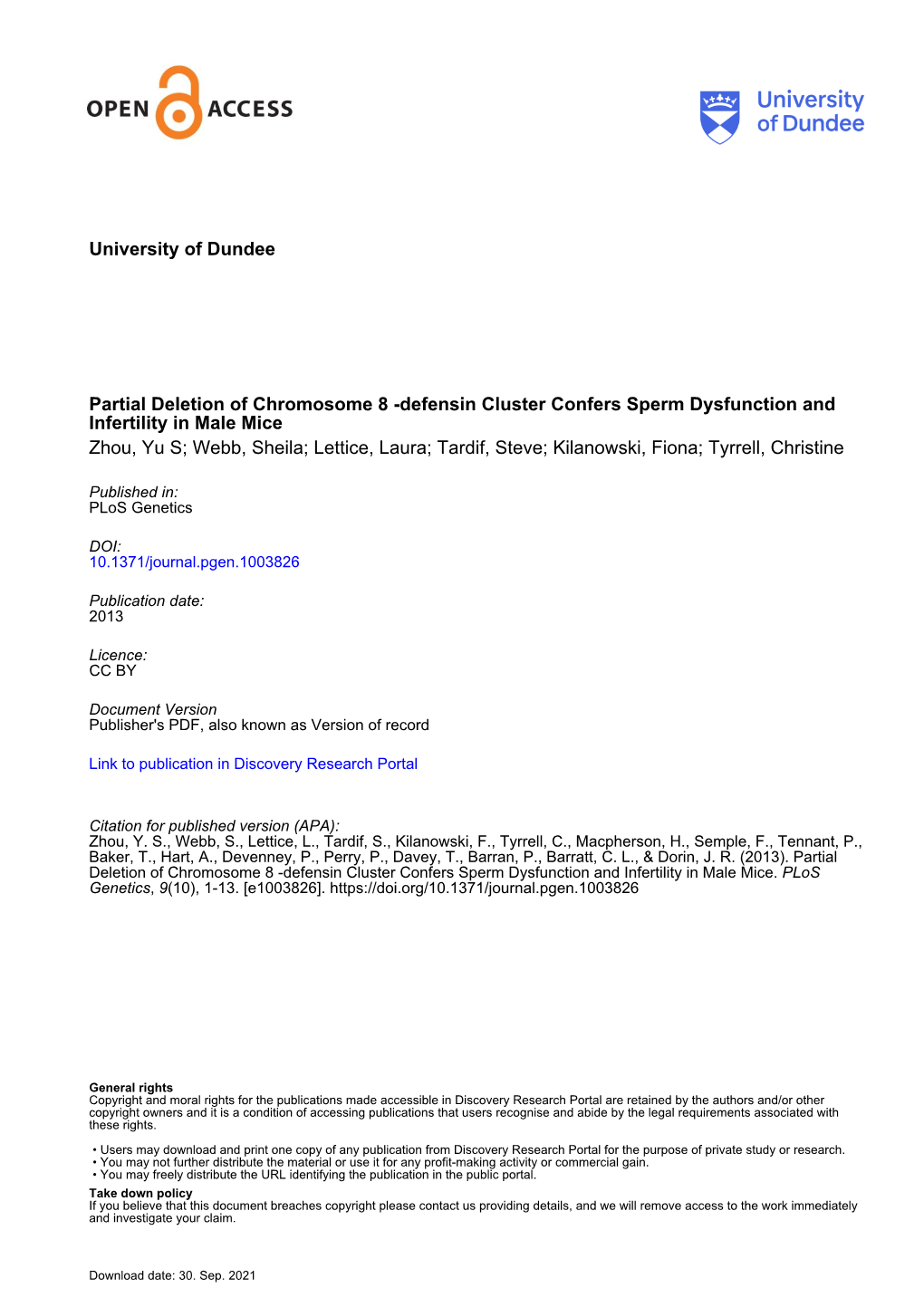 University of Dundee Partial Deletion of Chromosome 8 -Defensin Cluster