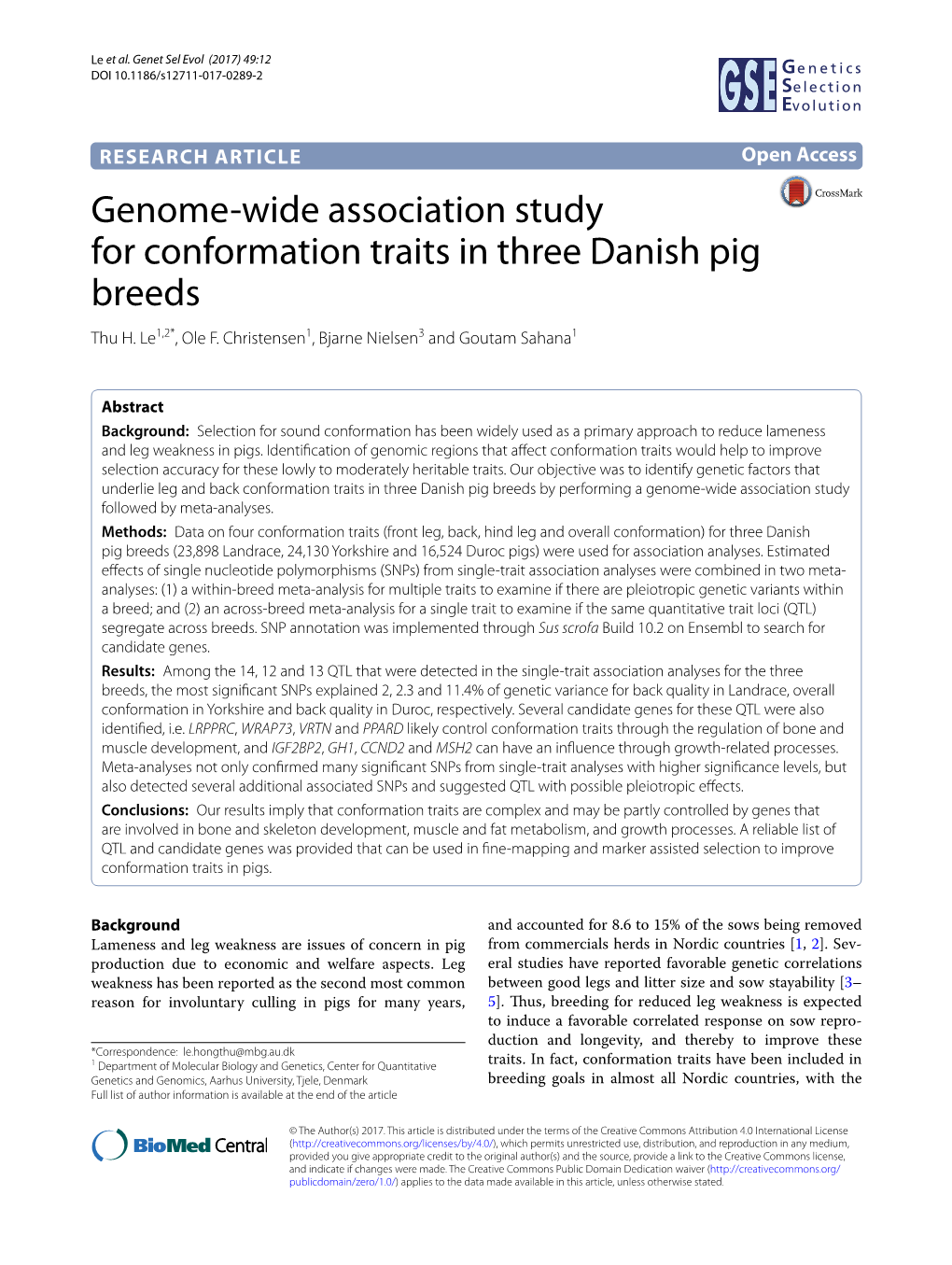 Genome-Wide Association Study for Conformation Traits in Three Danish