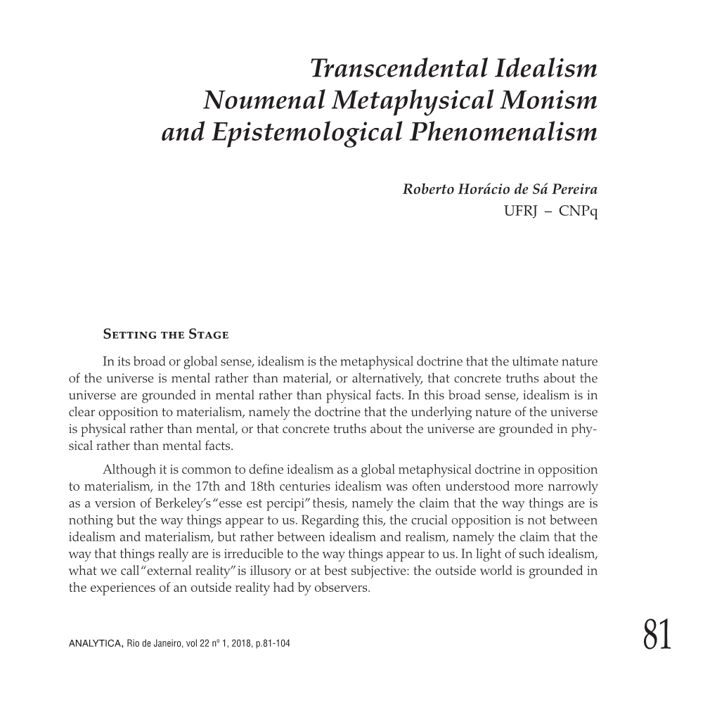 Transcendental Idealism Noumenal Metaphysical Monism and Epistemological Phenomenalism