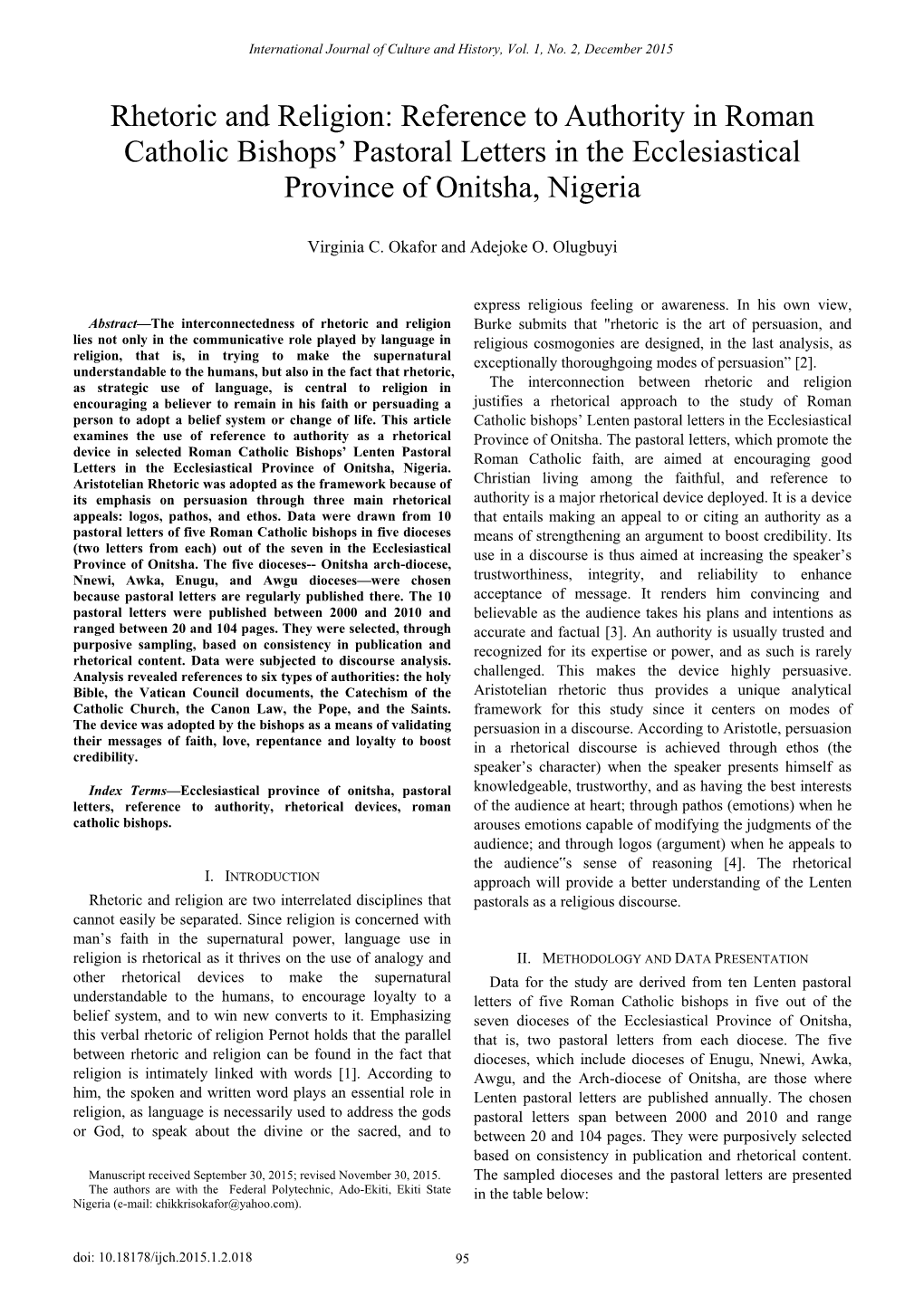 Rhetoric and Religion: Reference to Authority in Roman Catholic Bishops’ Pastoral Letters in the Ecclesiastical Province of Onitsha, Nigeria