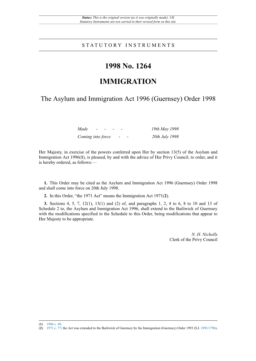 The Asylum and Immigration Act 1996 (Guernsey) Order 1998