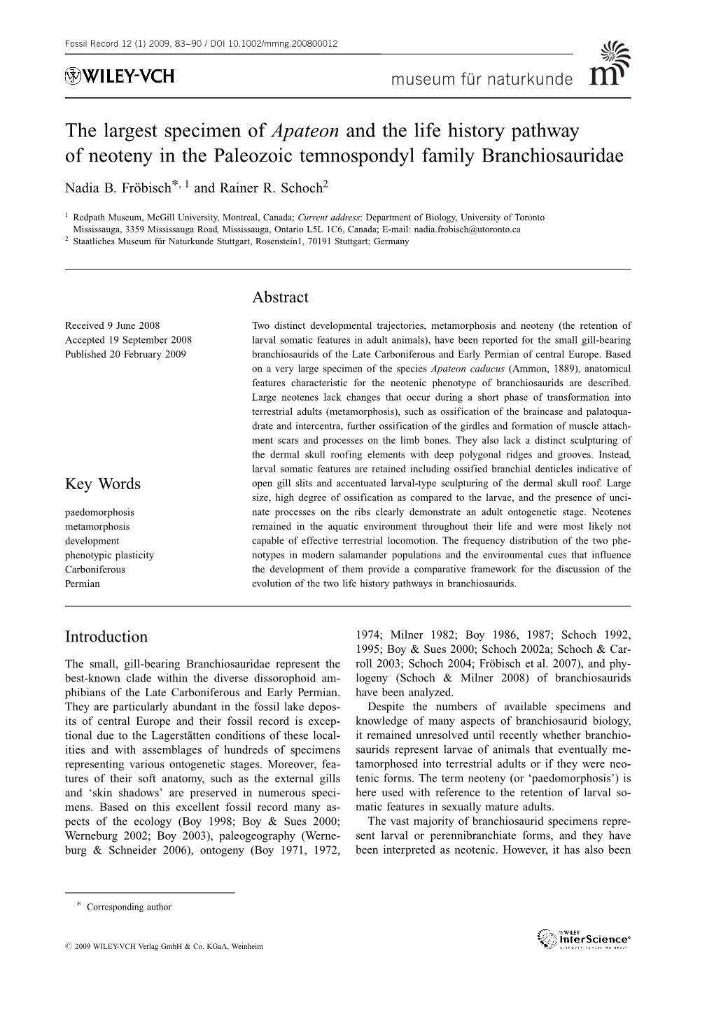 The Largest Specimen of Apateon and the Life History Pathway of Neoteny in the Paleozoic Temnospondyl Family Branchiosauridae