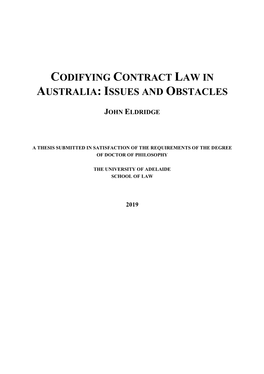 Codifying Contract Law in Australia: Issues and Obstacles