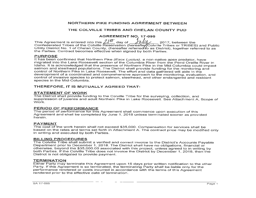 Northern Pike Funding Agreement Between the Colville Tribes and Chelan County Pud Agreement No. 17-095 Purpose Therefore, It Is